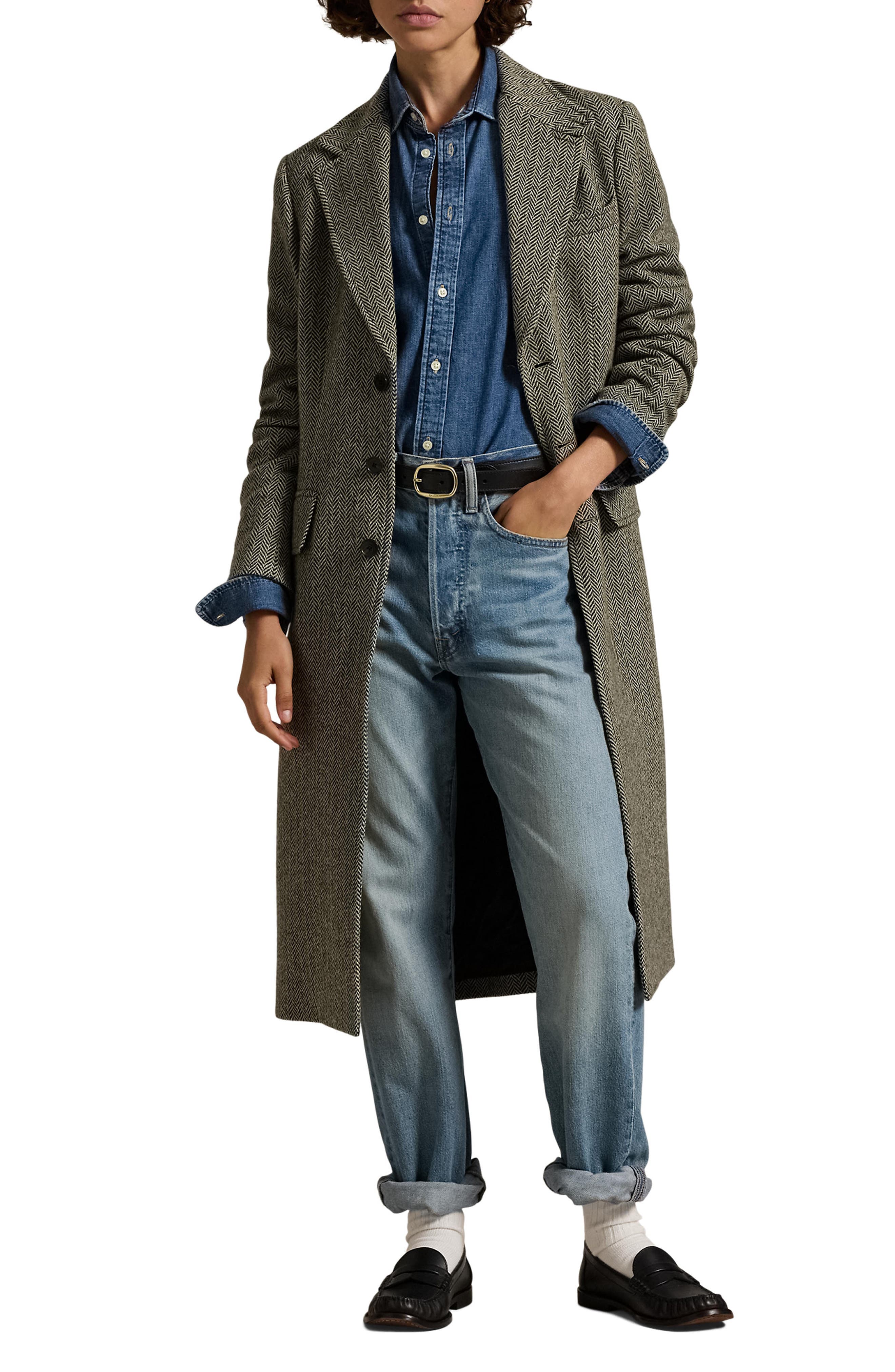 Herringbone Single Breasted Suede Trim Wool Blend Coat - image 1