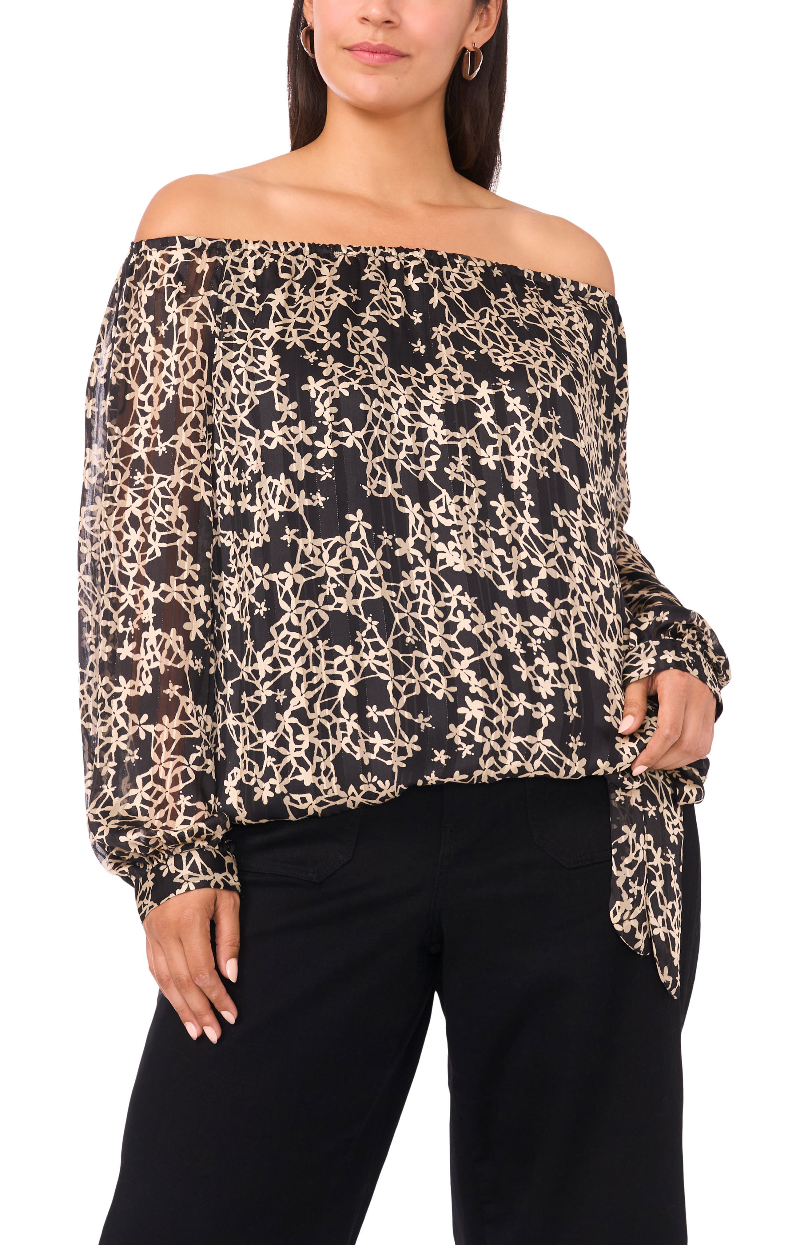 Floral Metallic Print Off the Shoulder Top - image 1