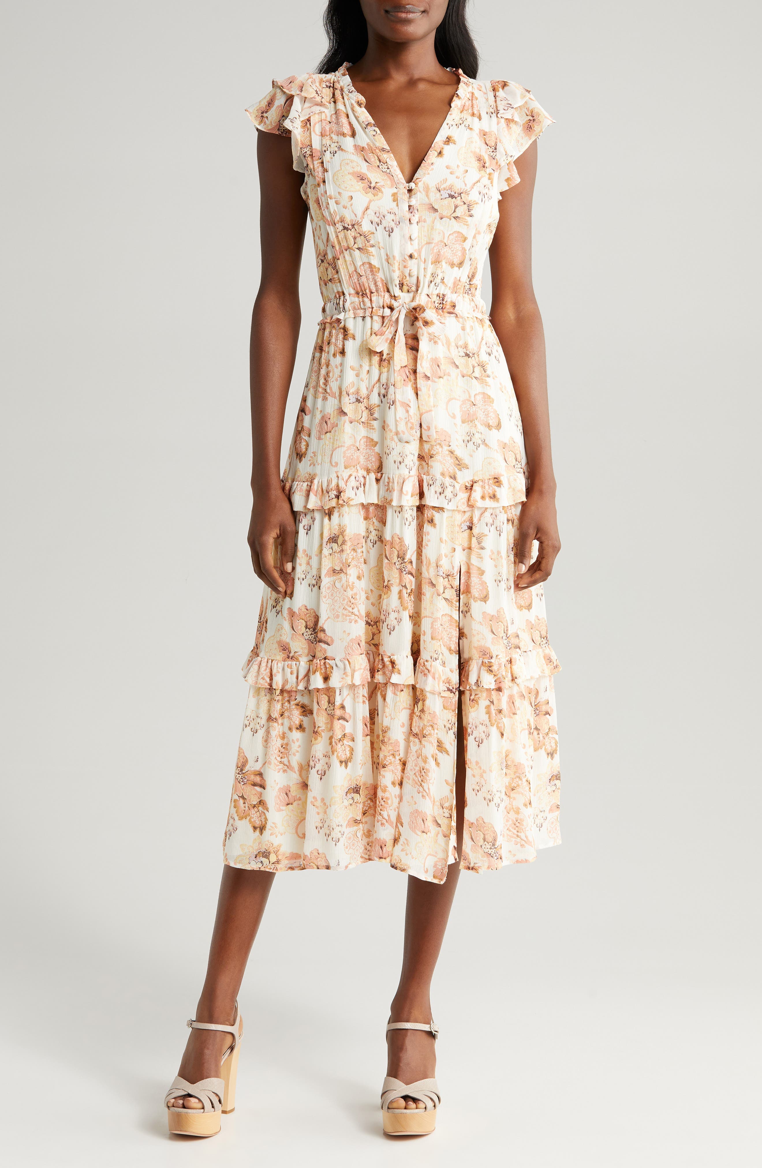 Rozlyn Floral Tiered Silk Midi Dress - image 1