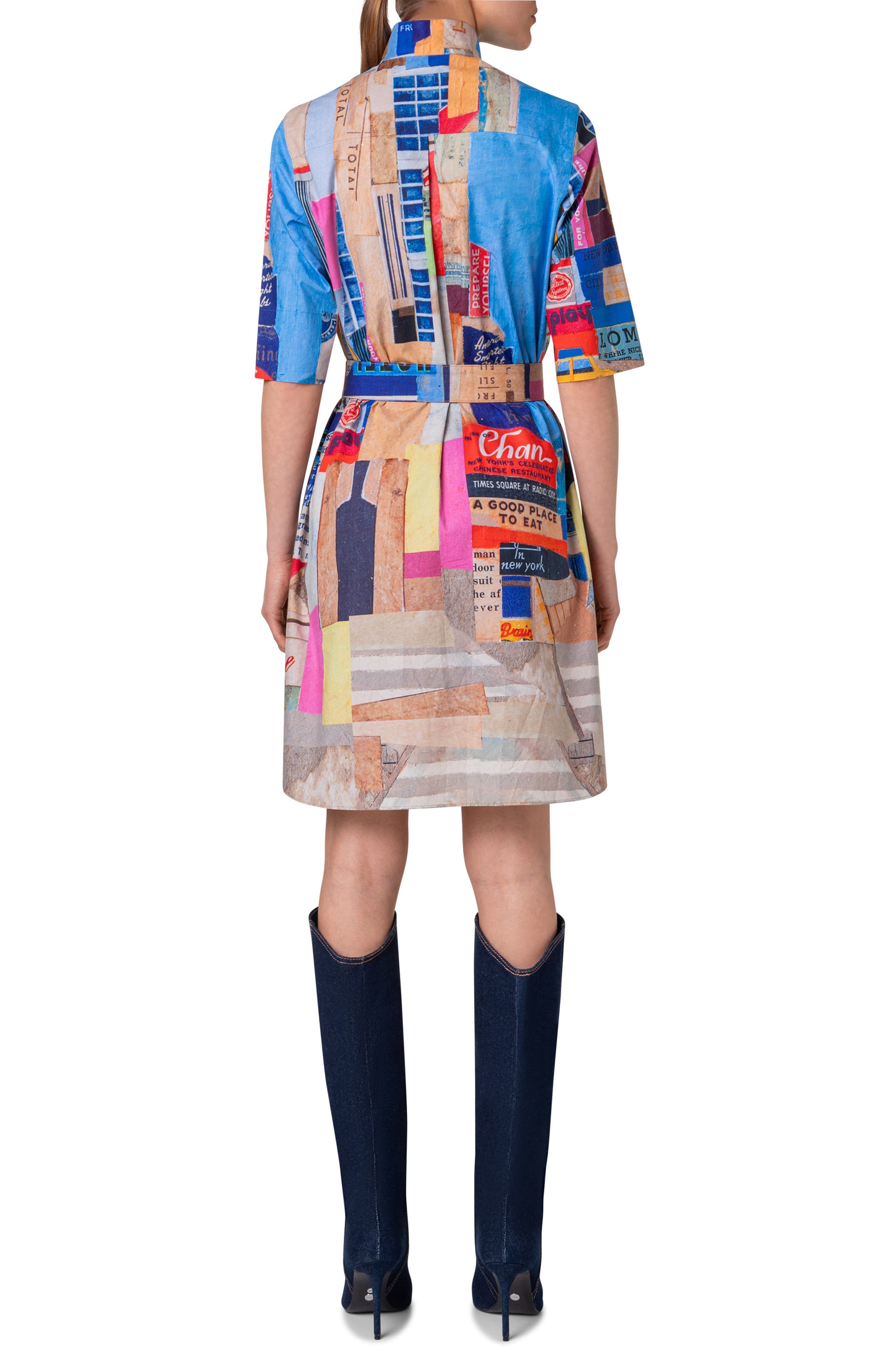 NYC Paper Collage Print Belted Cotton Poplin Shirtdress - image 2