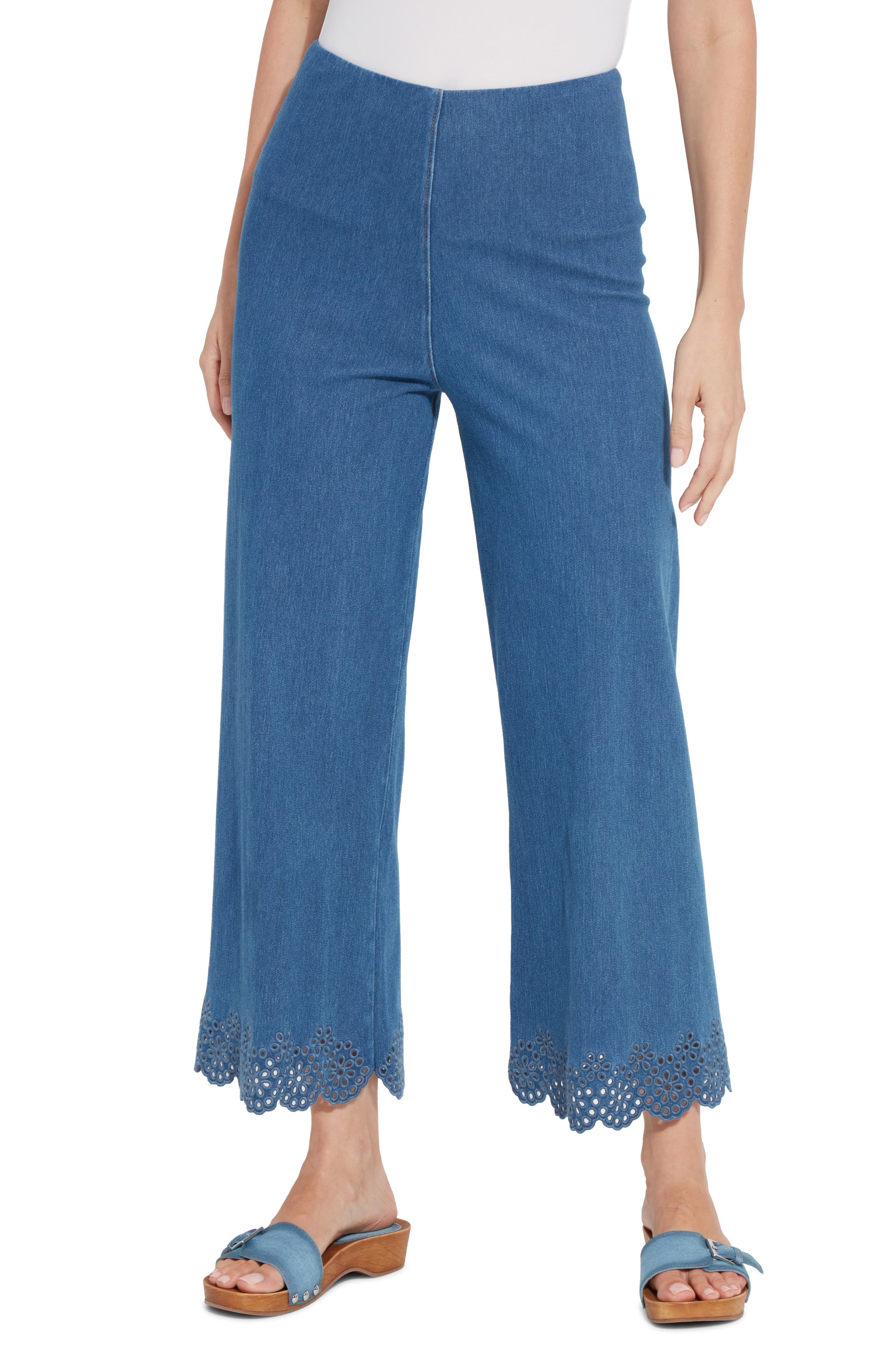 Eyelet Hem Pull-On Crop Wide Leg Knit Jeans - image 1
