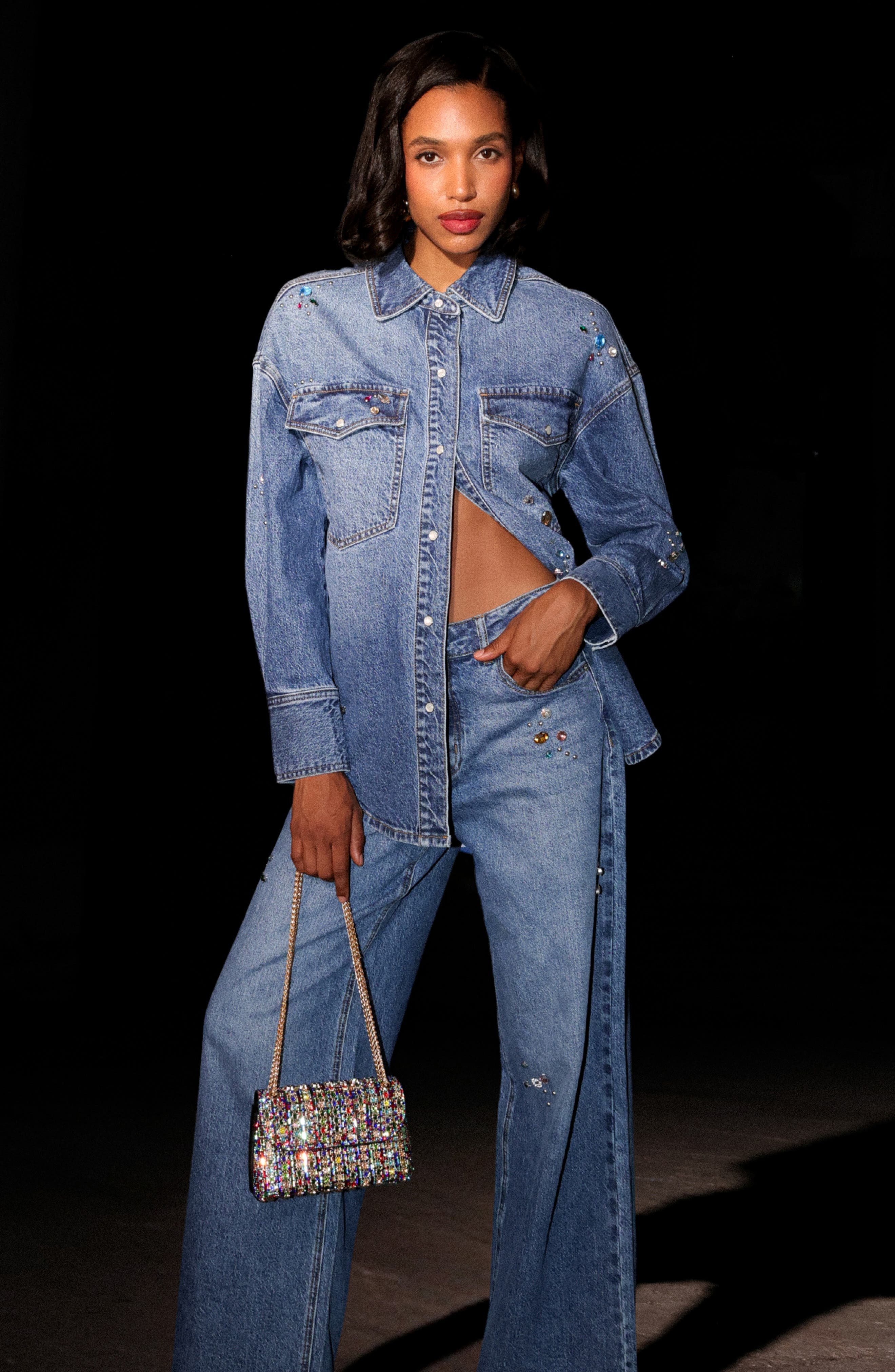 Oversize Jewel Embellished Denim Snap-Up Shirt - image 2
