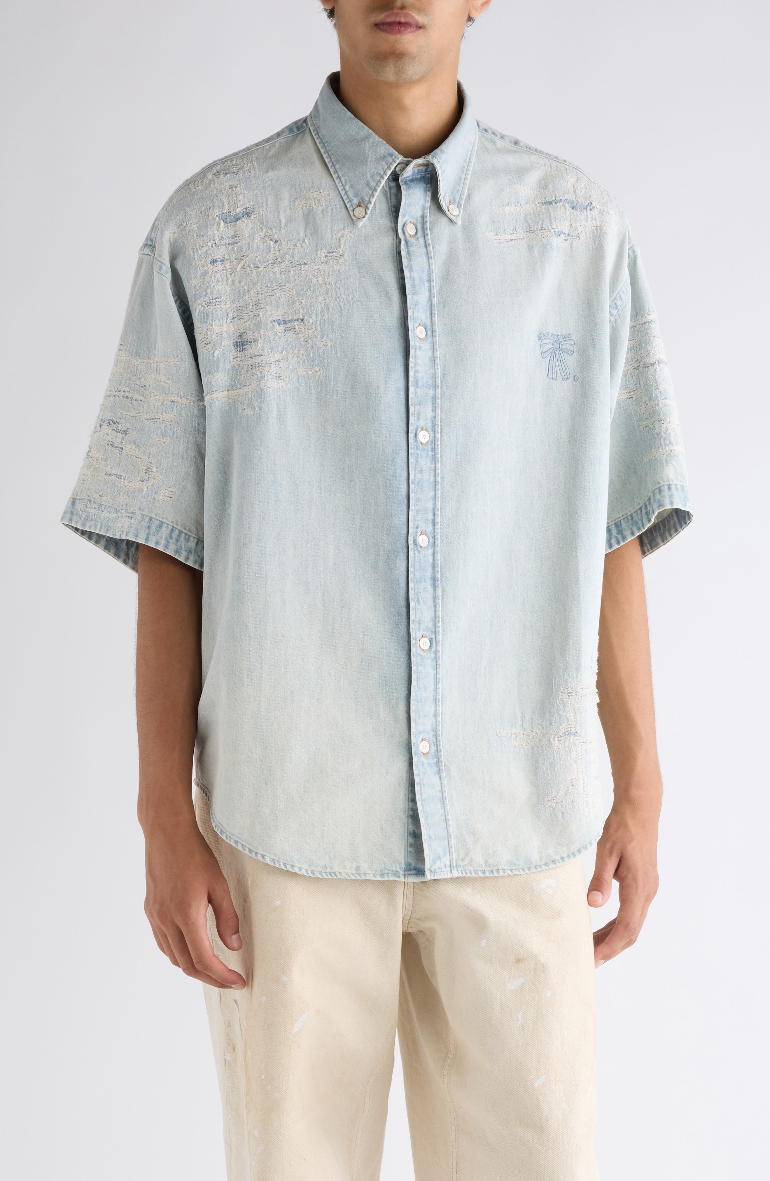 Setar Mending Distressed Short Sleeve Denim Button-Down Shirt - image 1
