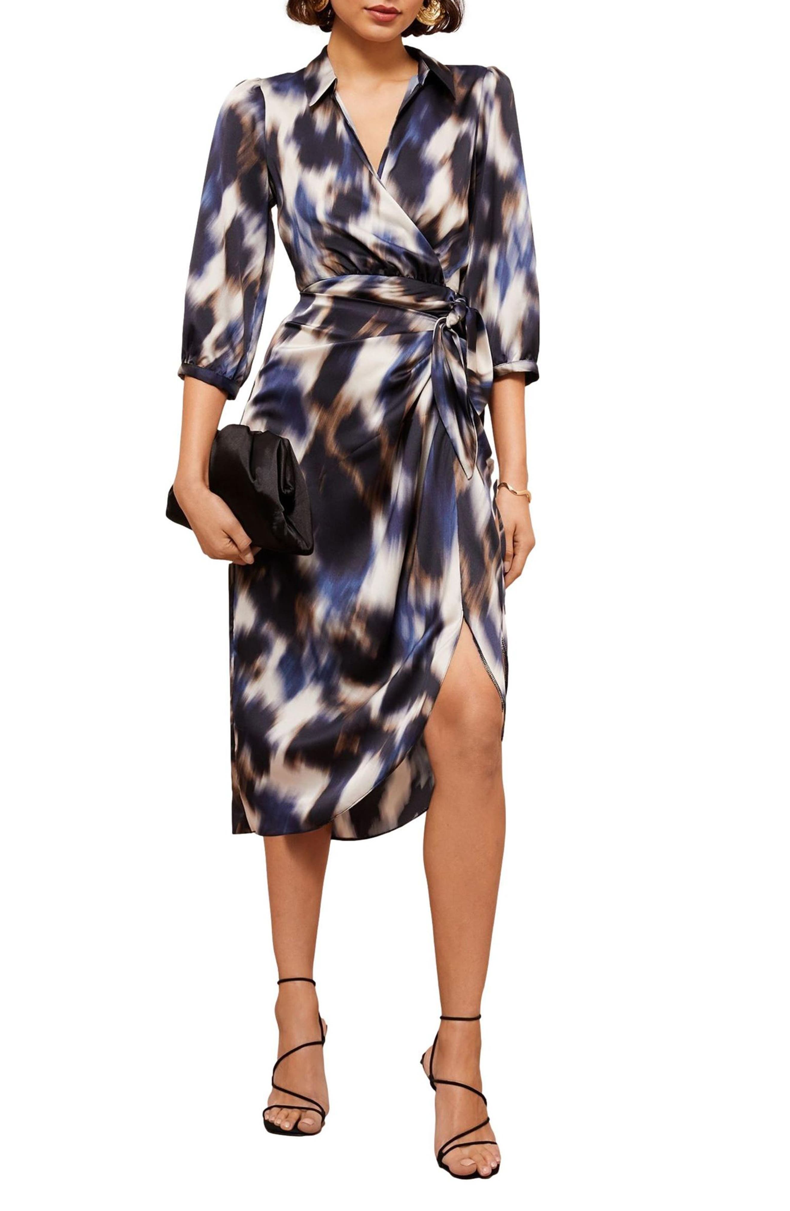 Abstract Print Satin Wrap Midi Dress - image 1