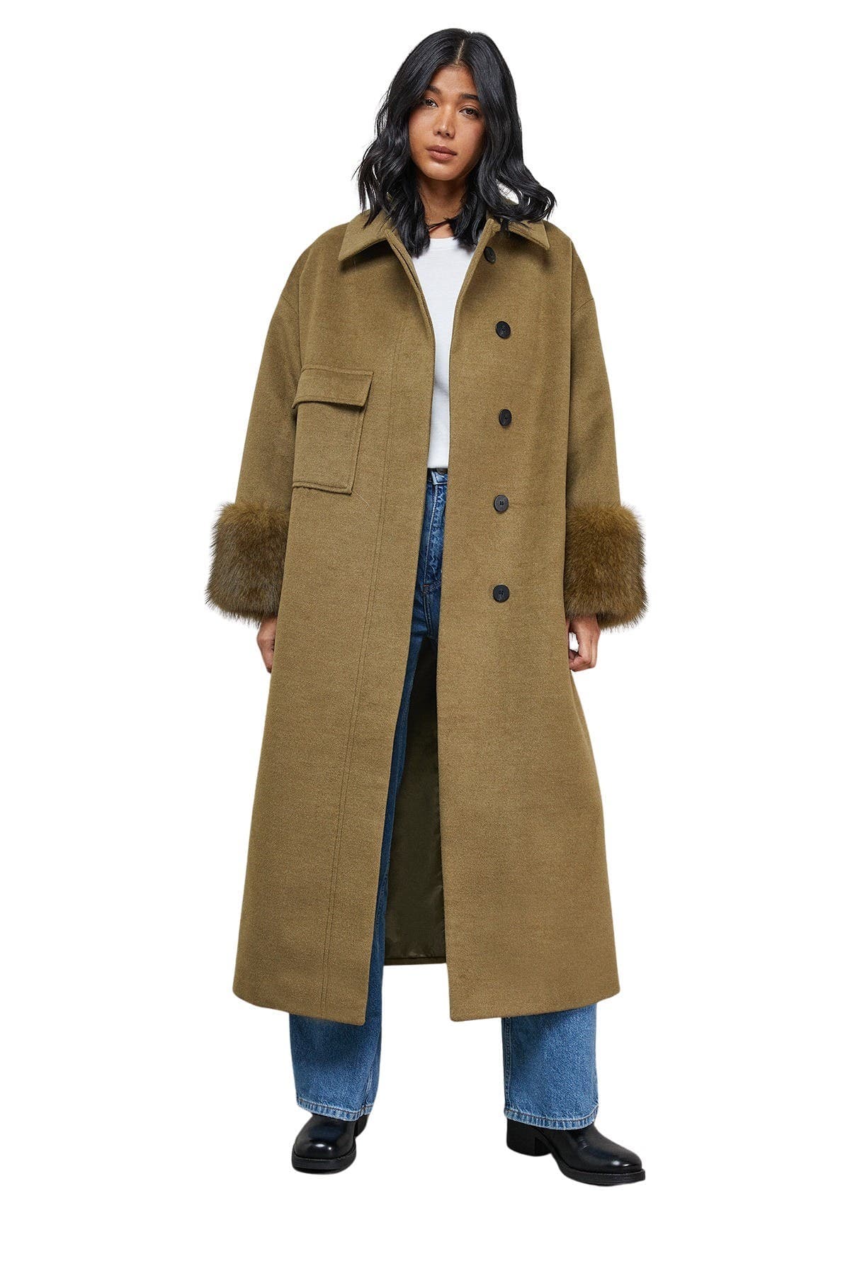 Patch Pocket Faux Fur Cuff Maxi Coat - image 1
