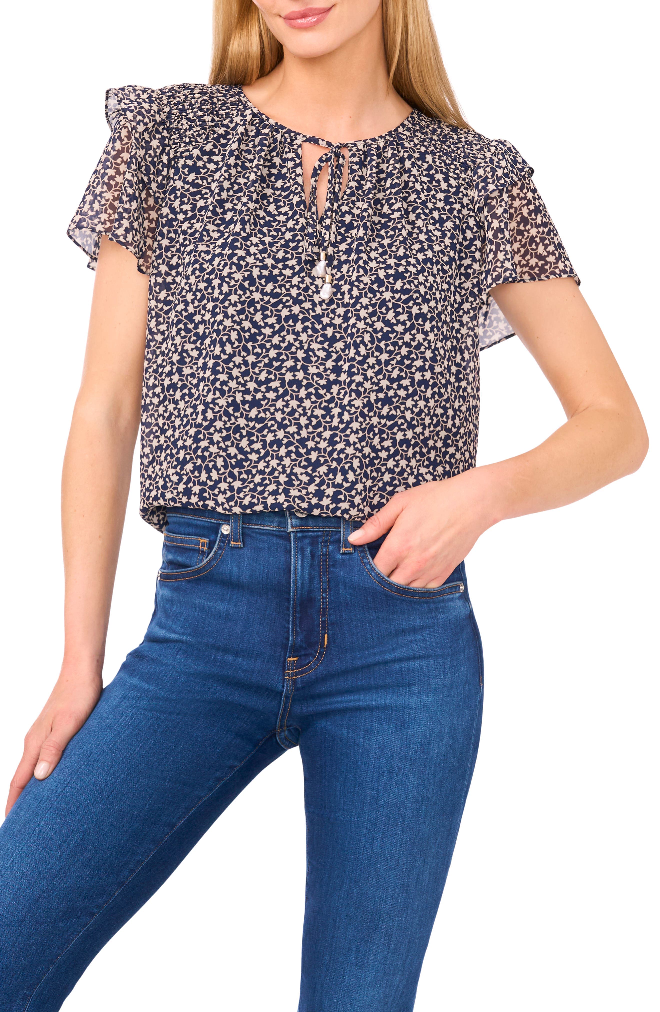 Floral Tie Neck Chiffon Top - image 1