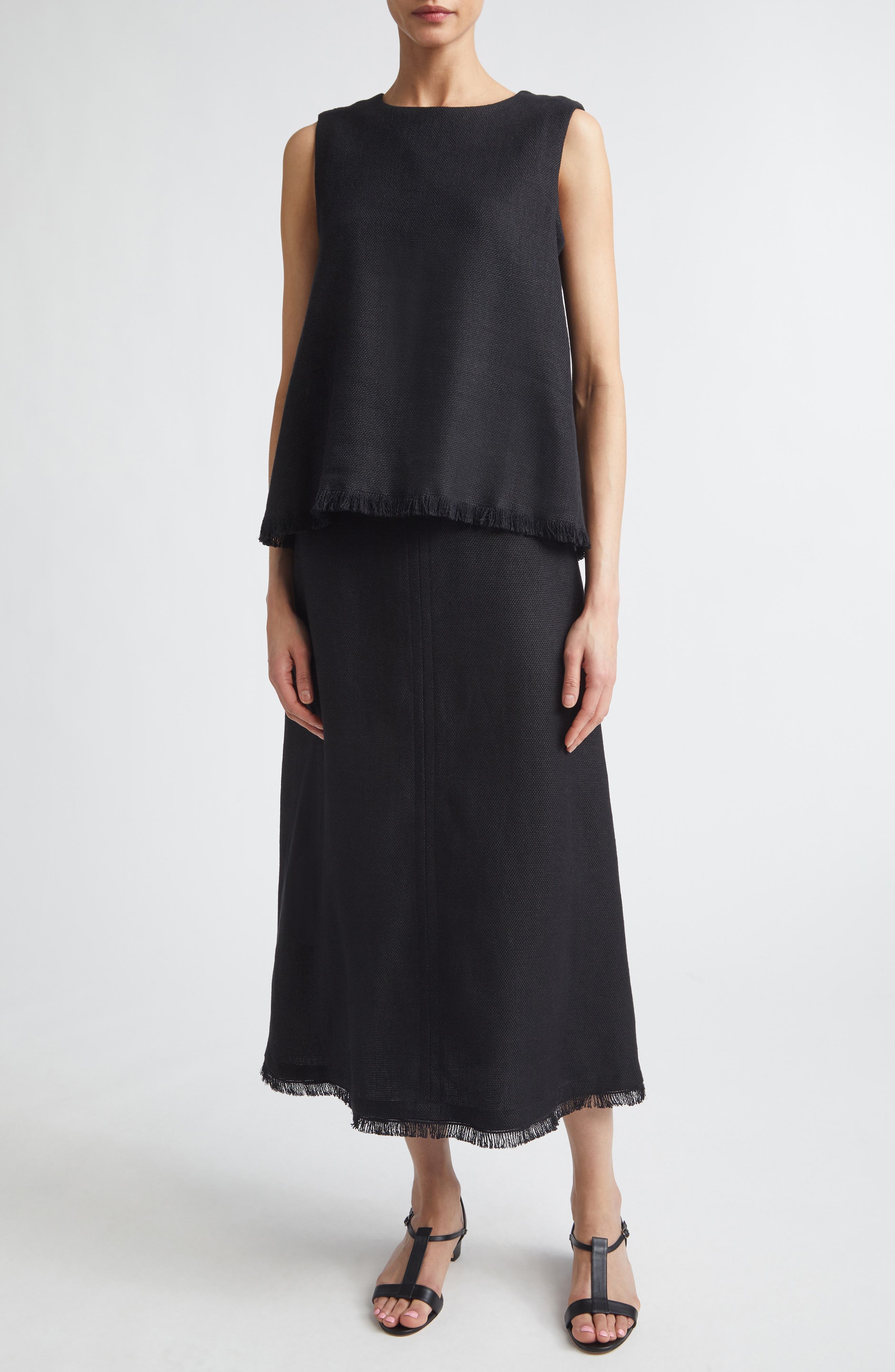 Fringe Stretch Linen & Cotton Basket Weave A-Line Skirt - image 2