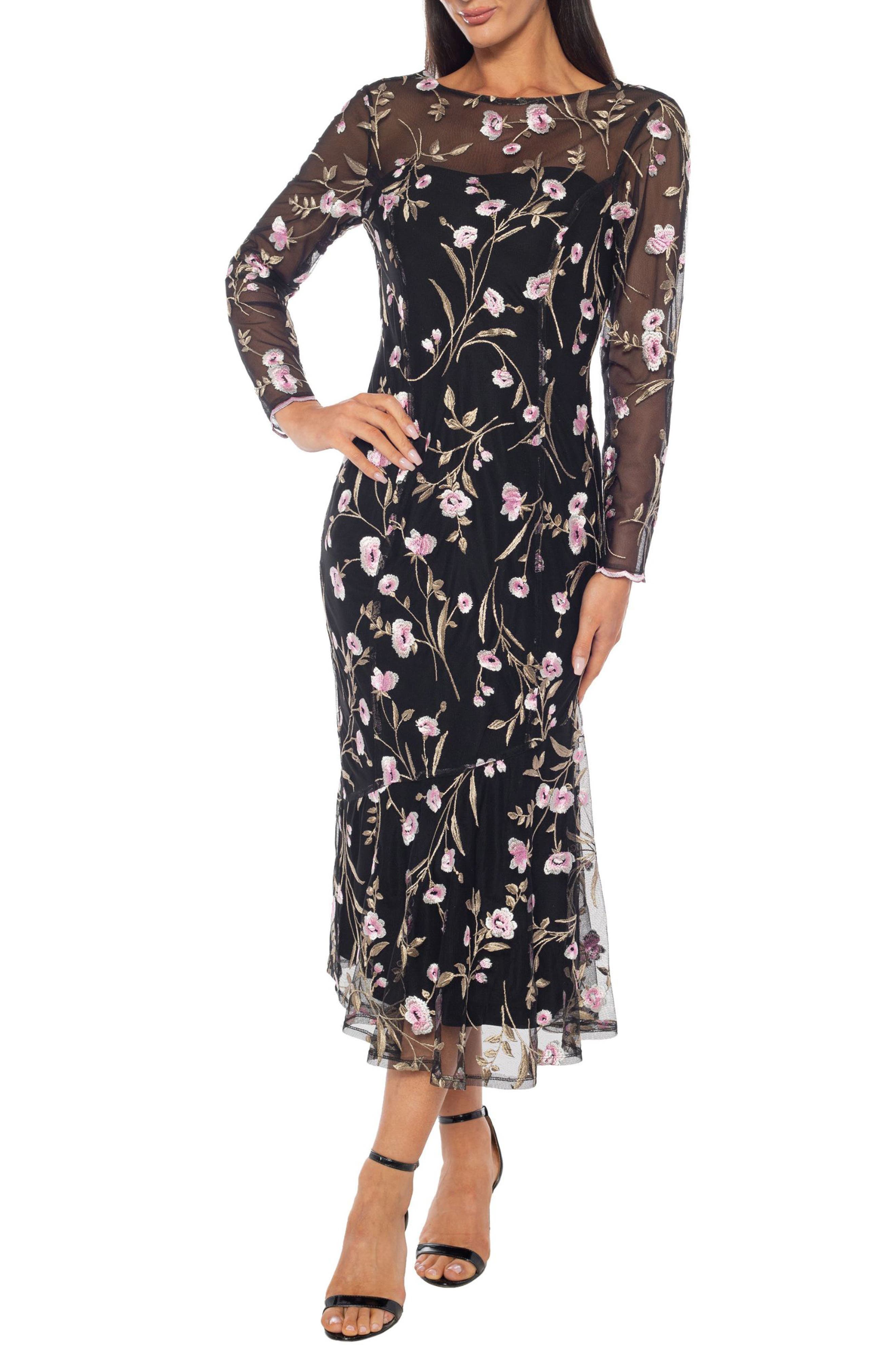 Long Sleeve Floral Embroidered Midi Cocktail Dress - image 1