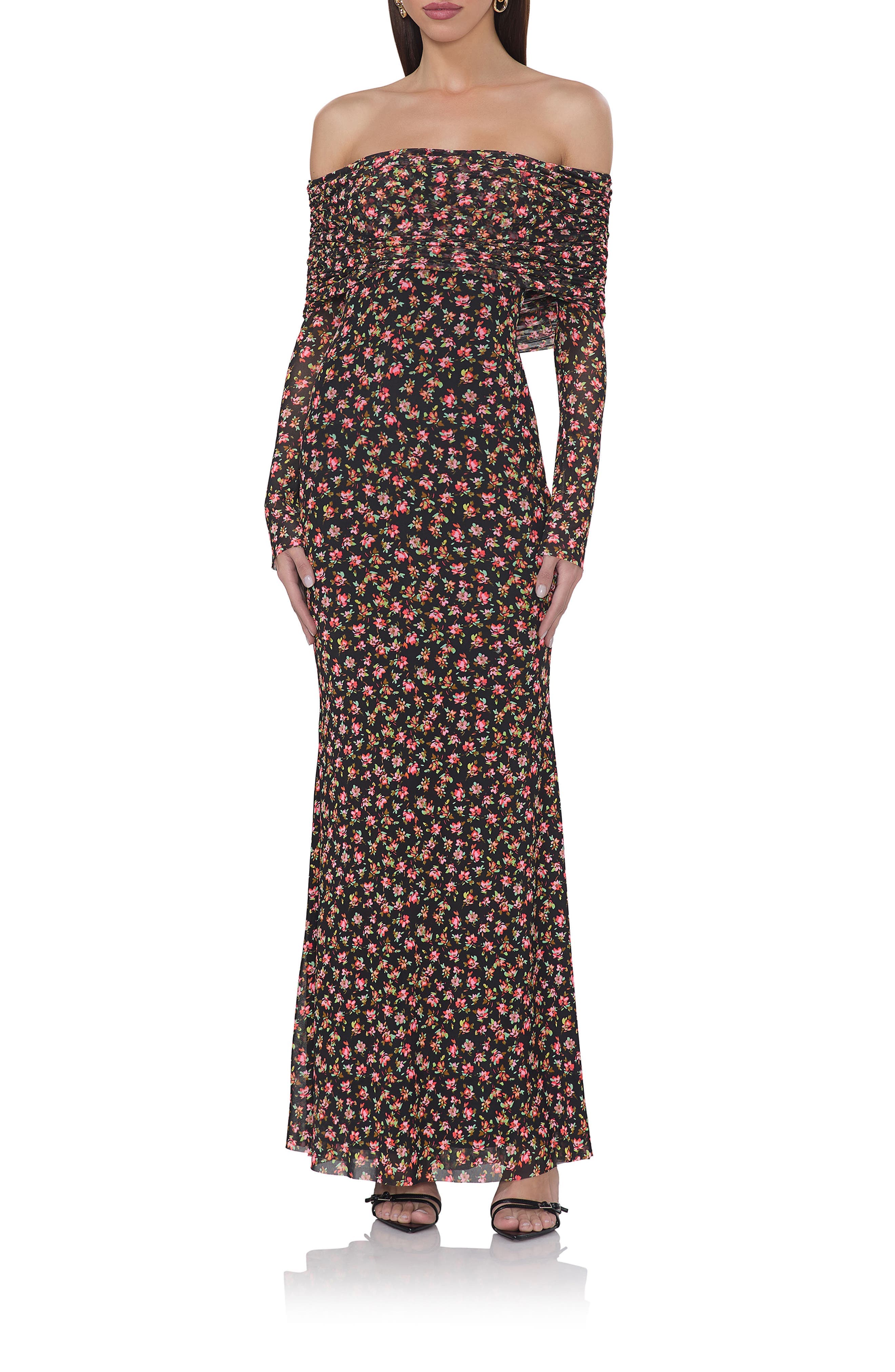 Thelma Print Off the Shoulder Long Sleeve Mesh Maxi Dress - image 1