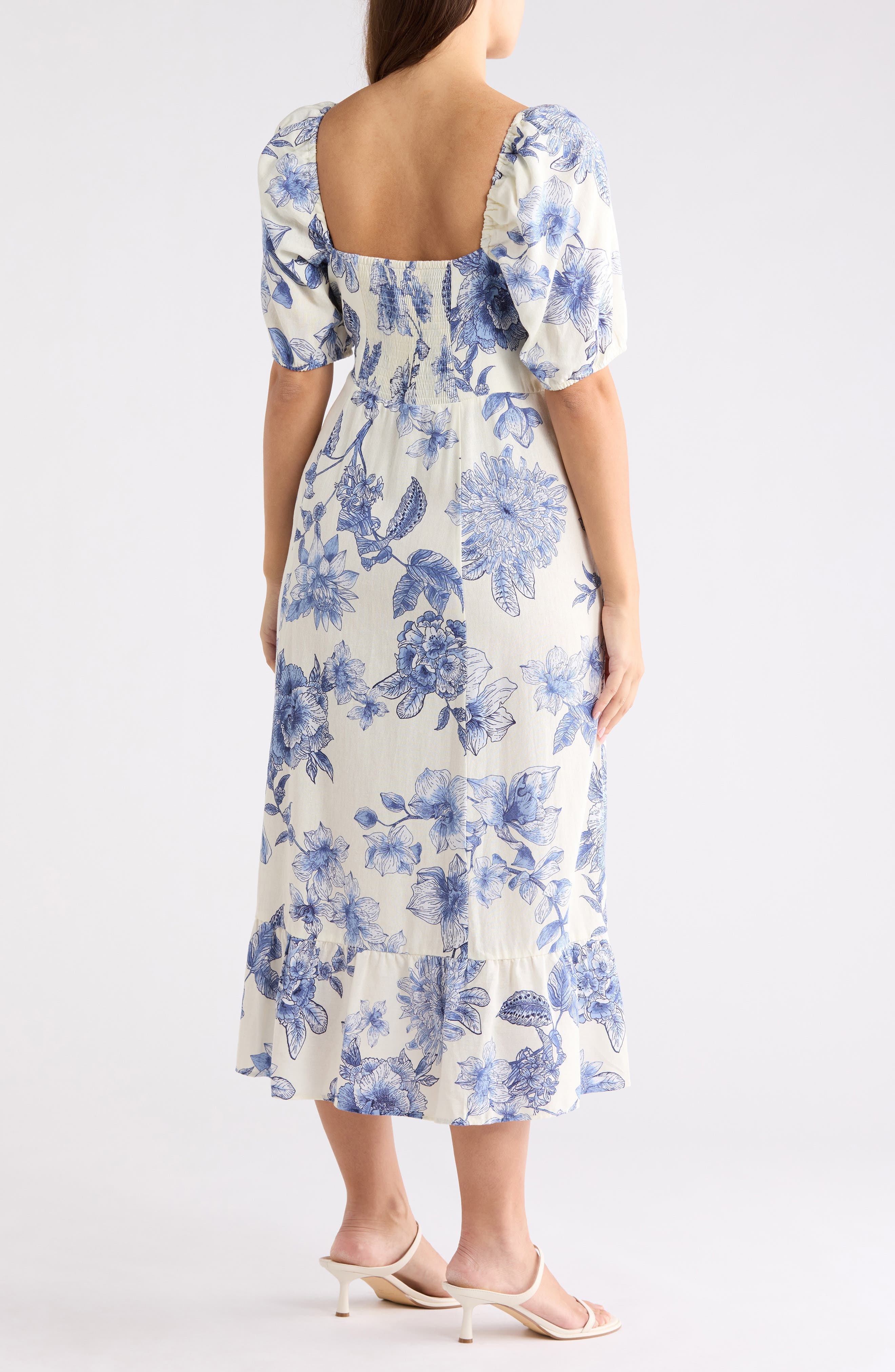Floral Puff Sleeve Linen Blend Midi Dress - image 2