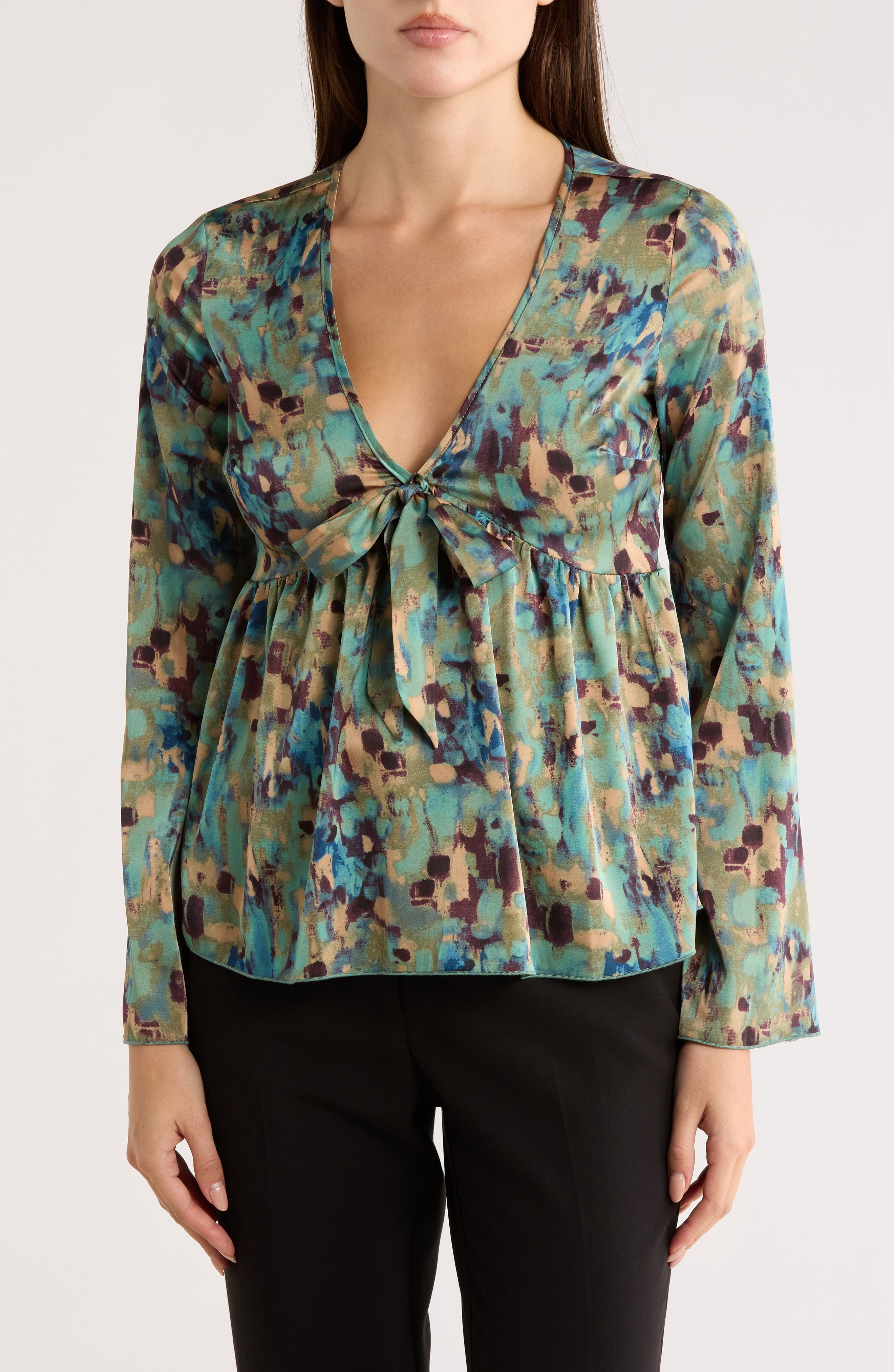 V-Neck Bell Sleeve Print Top - image 1