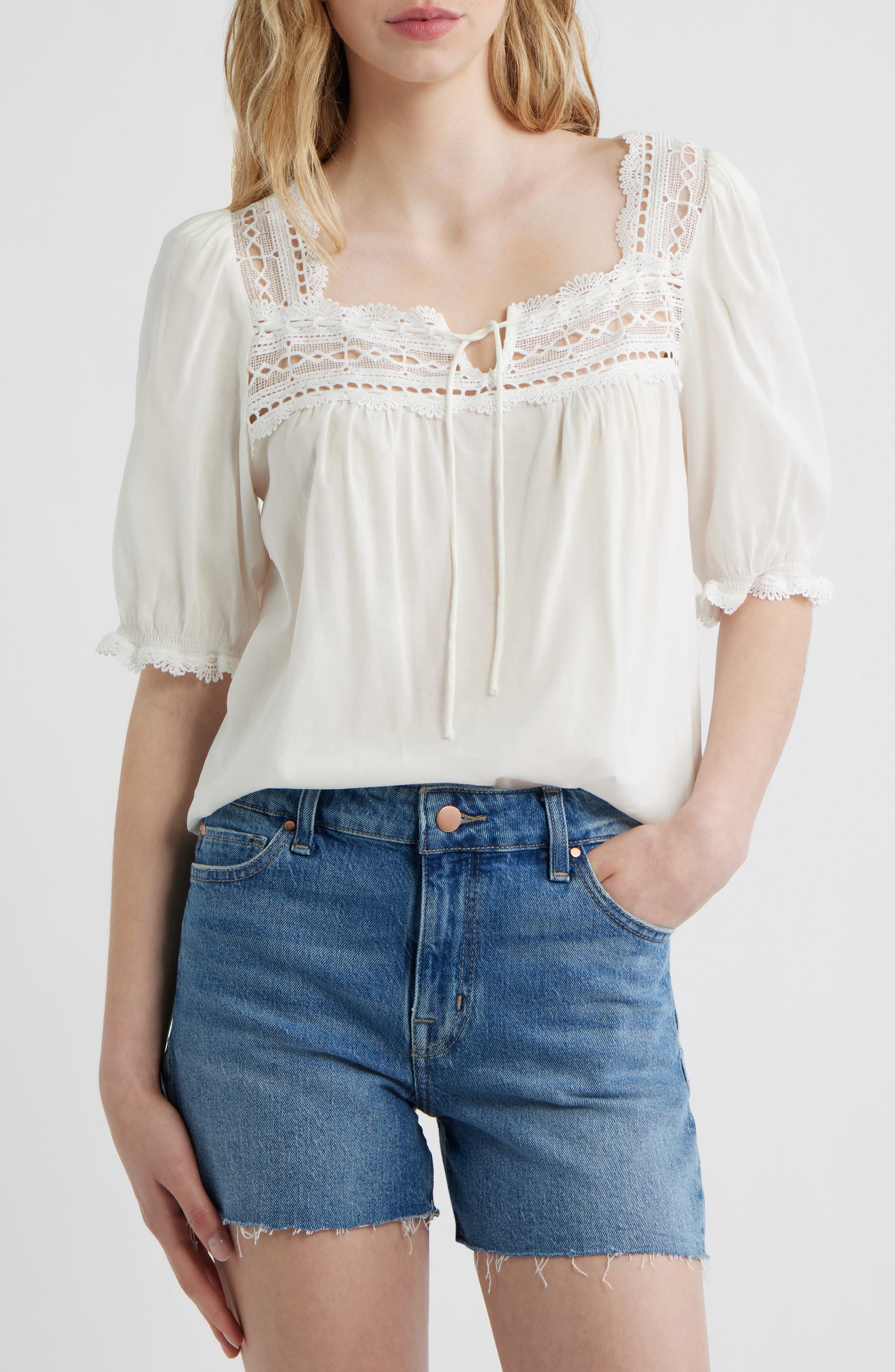 Wildflower Lace Trim Puff Sleeve Organic Cotton Blend Top - image 1
