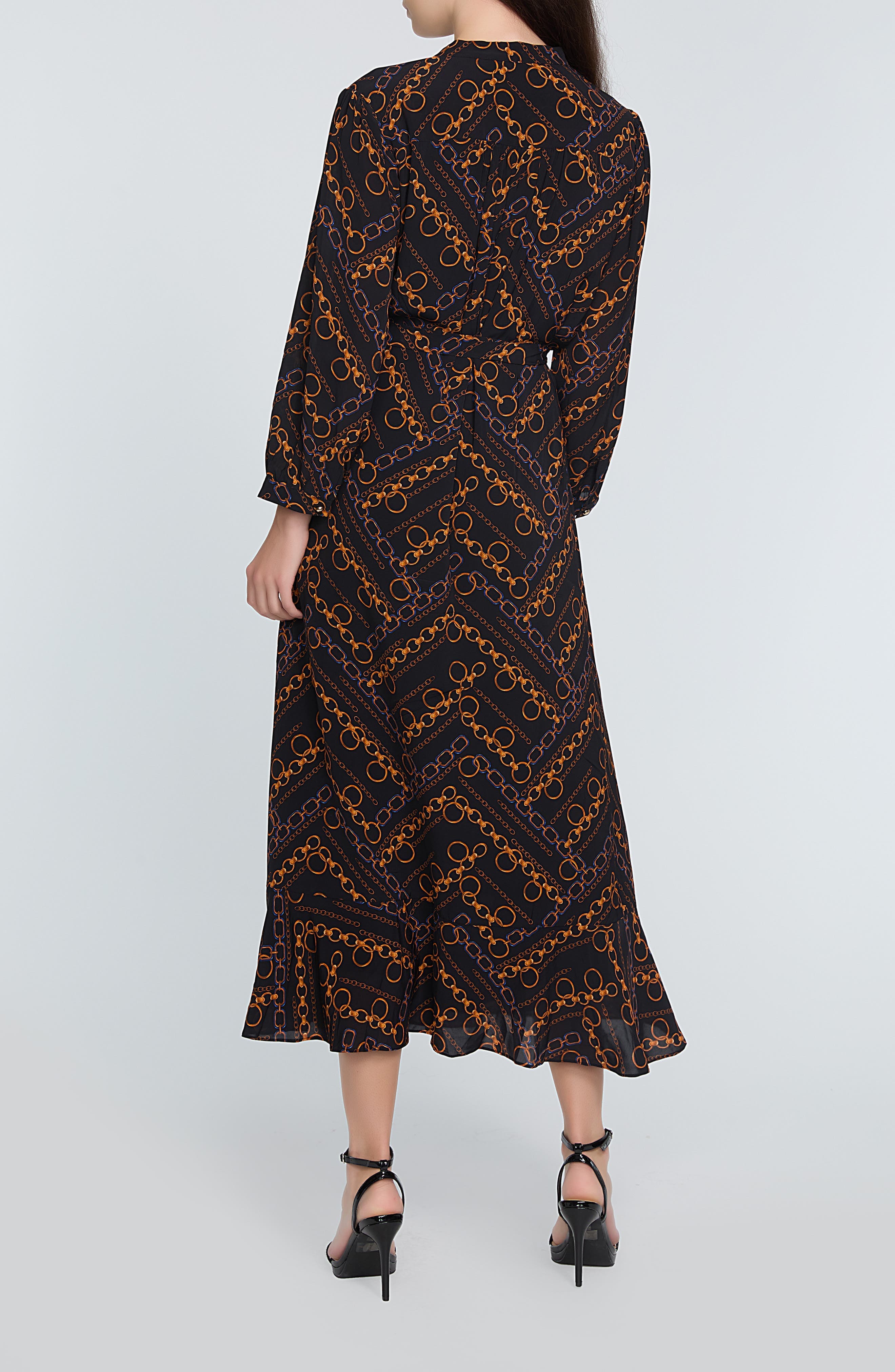 The Mila Chain Print Pleated Long Sleeve Stretch Silk Midi Dress - image 2