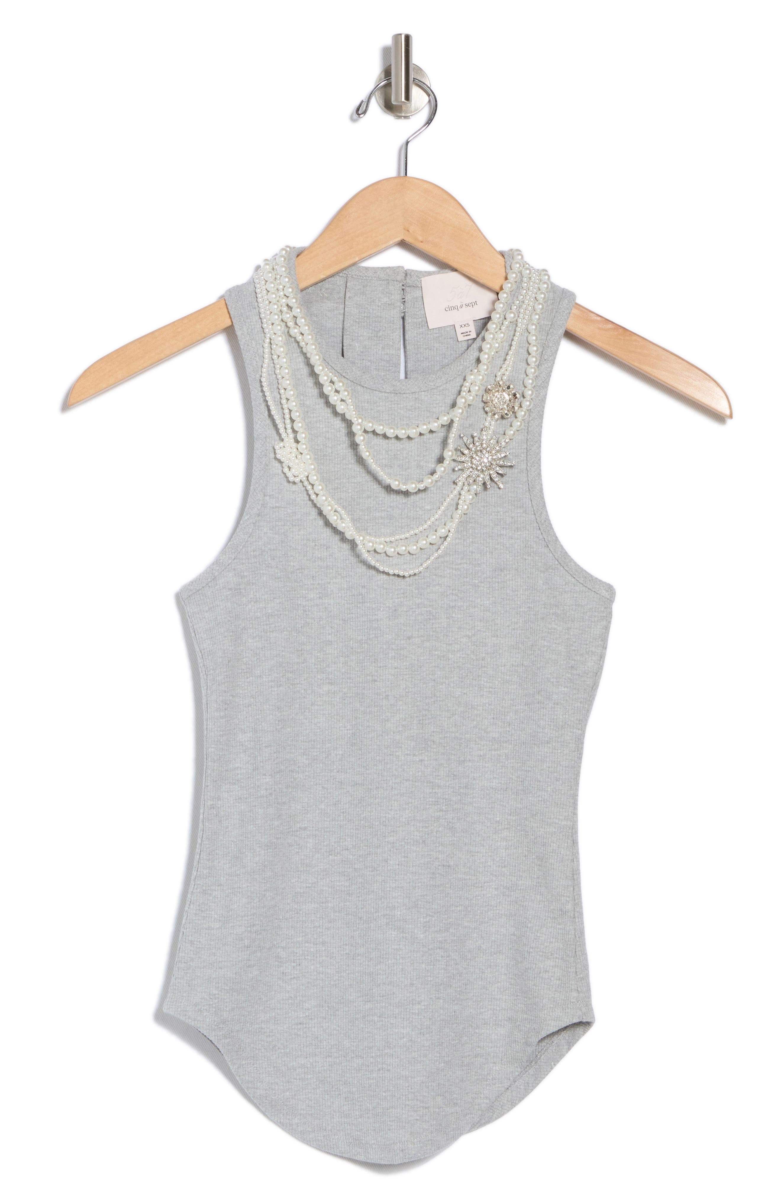 Lizzie Faux Pearl Chain Embellished Rib Tank