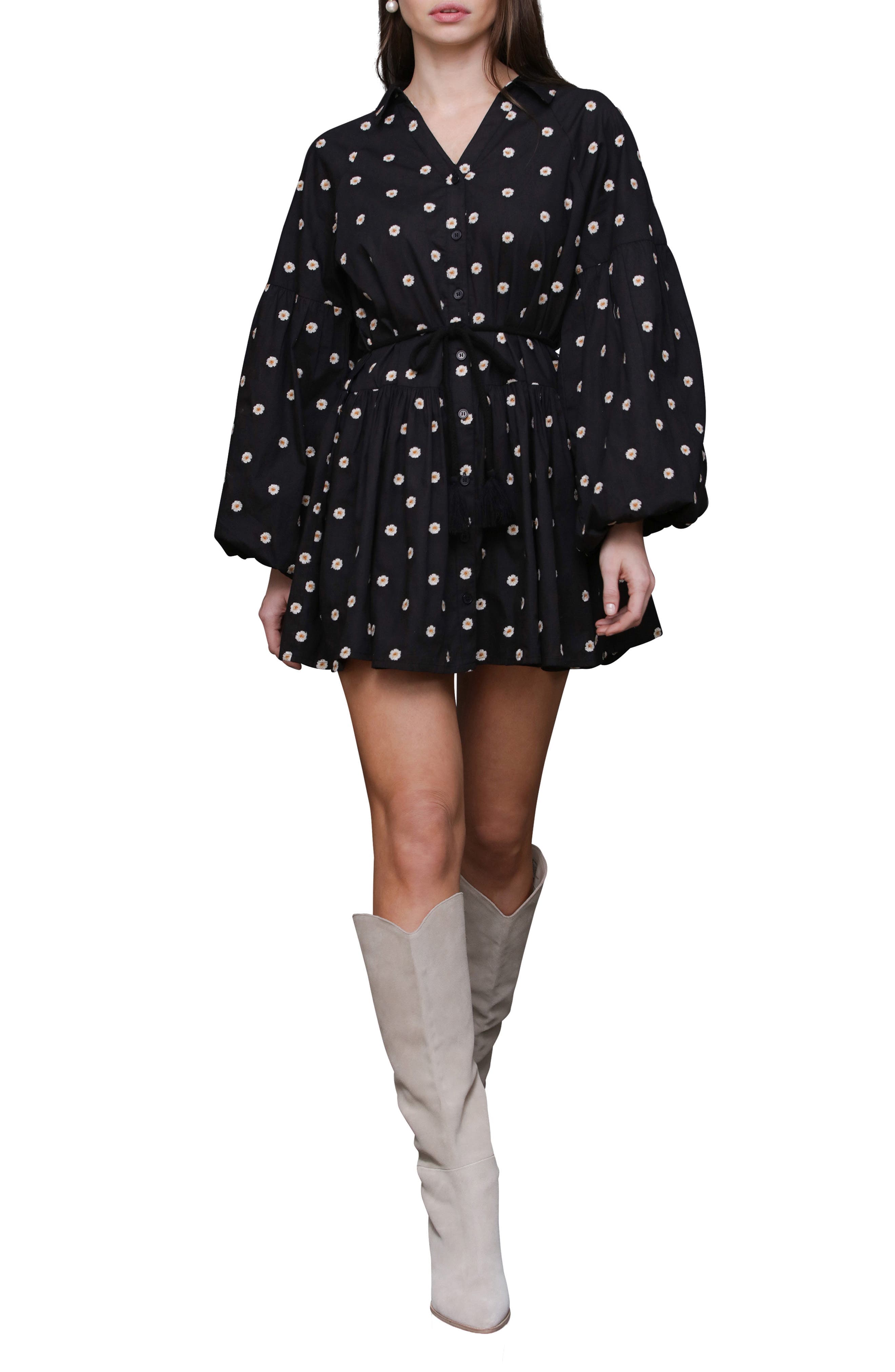 Embroidered Long Sleeve Babydoll Mini Shirtdress - image 1