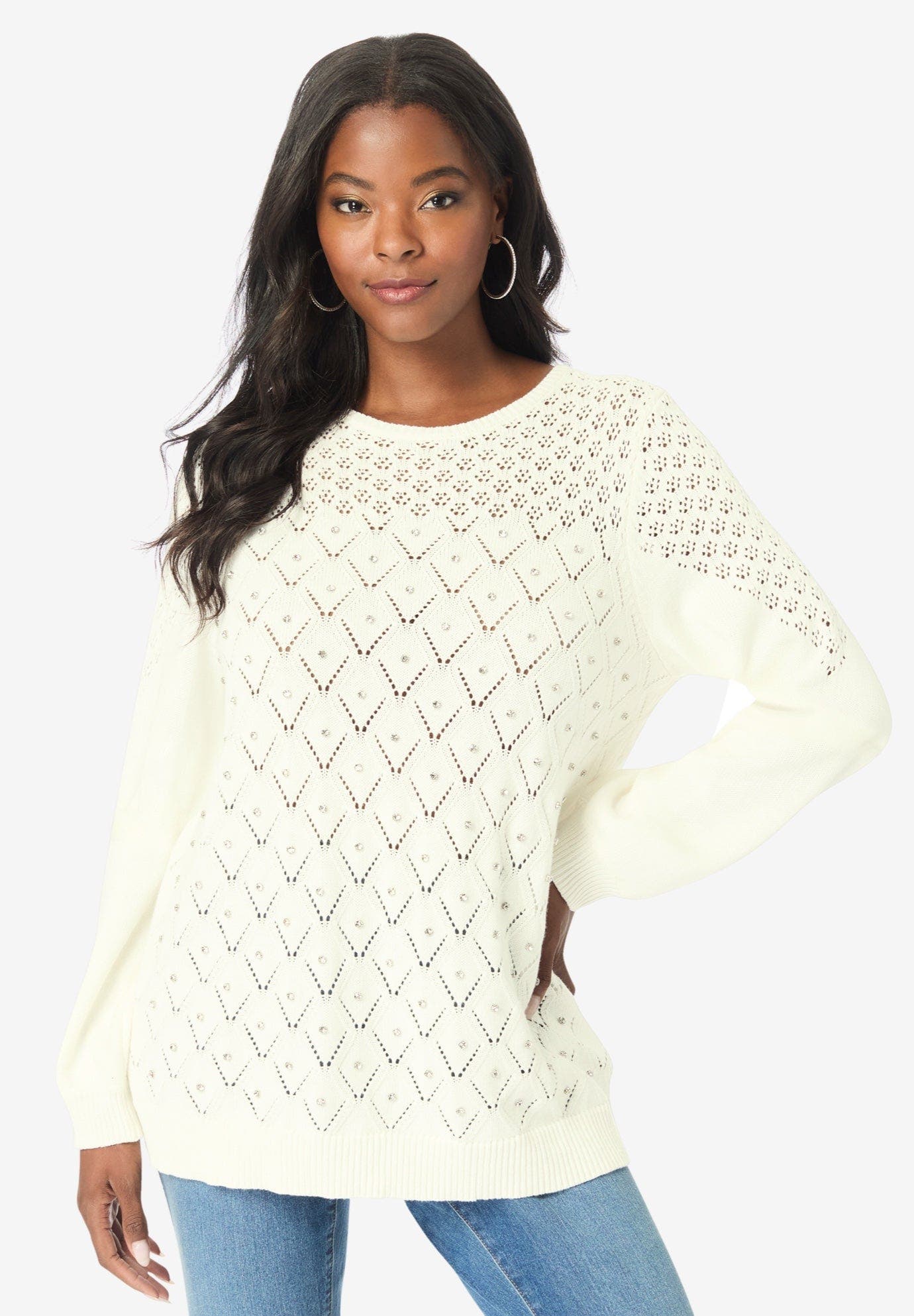 Rhinestone Pointelle Knit Sweater - image 2