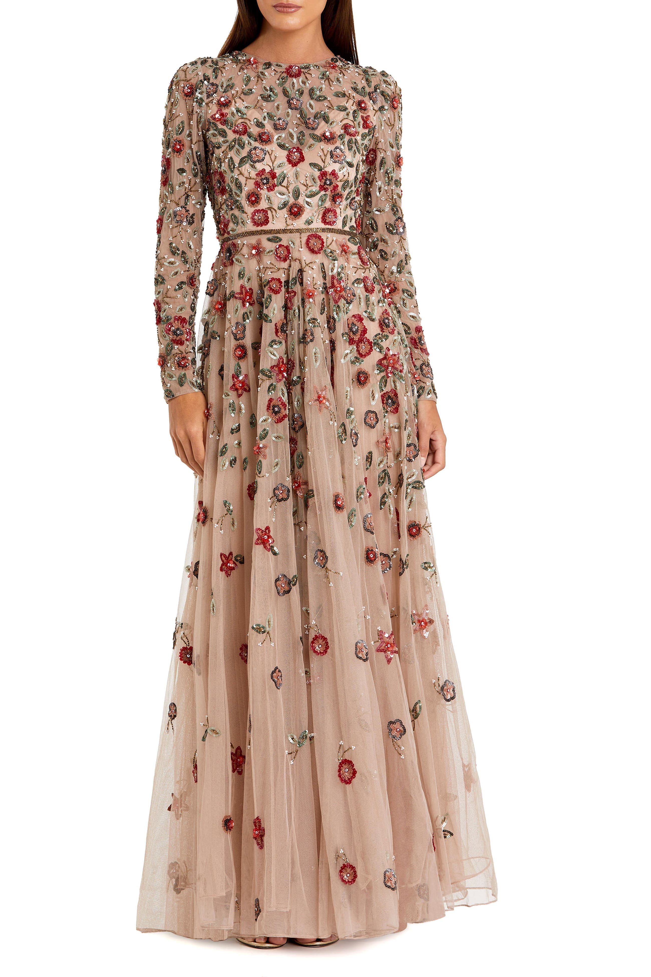 Petite Embellished High Neck Long Sleeve A-Line Gown - image 3