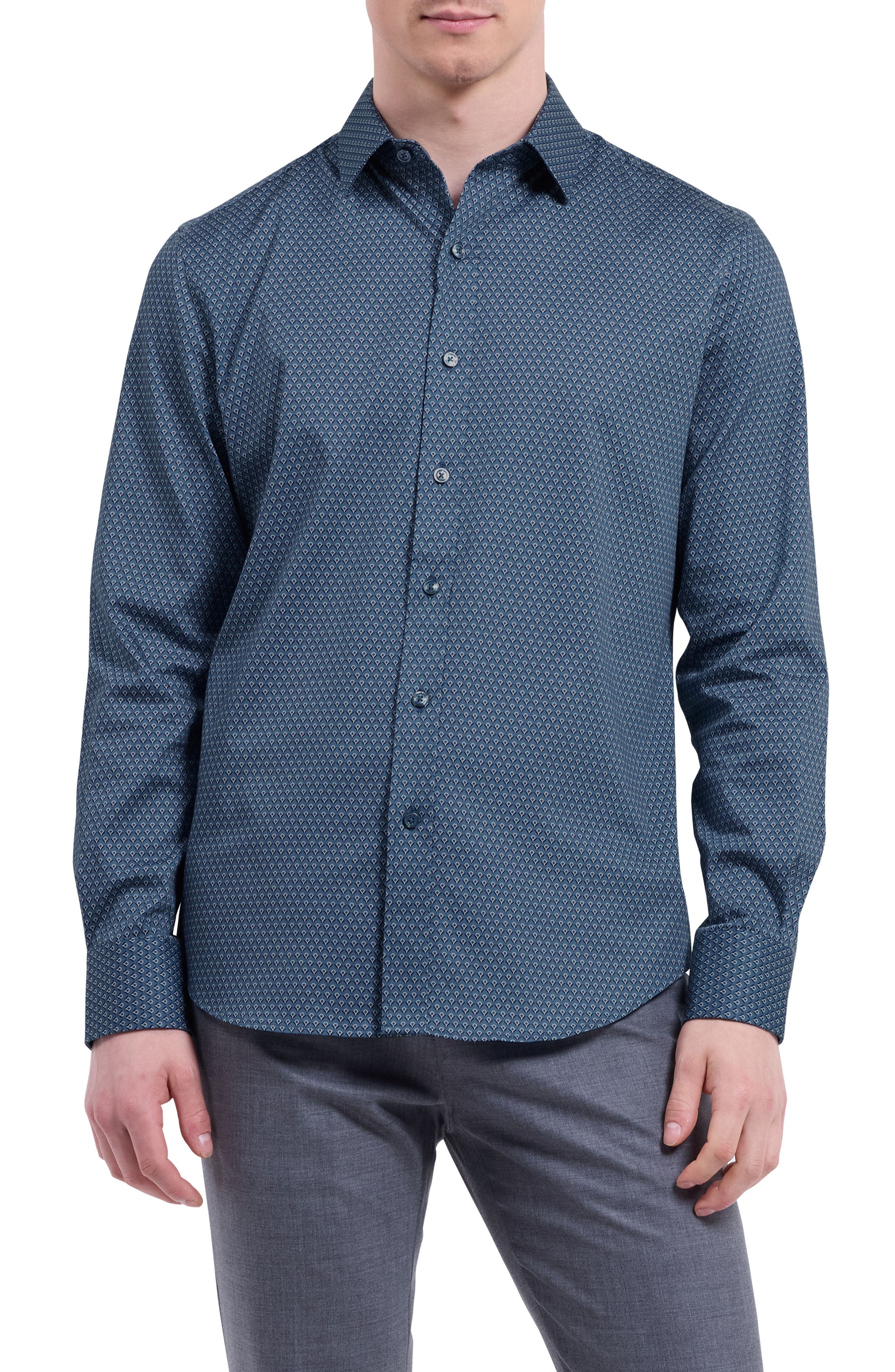 Julian Shaped Fit Shell Print Stretch Cotton Button-Up Shirt - image 1