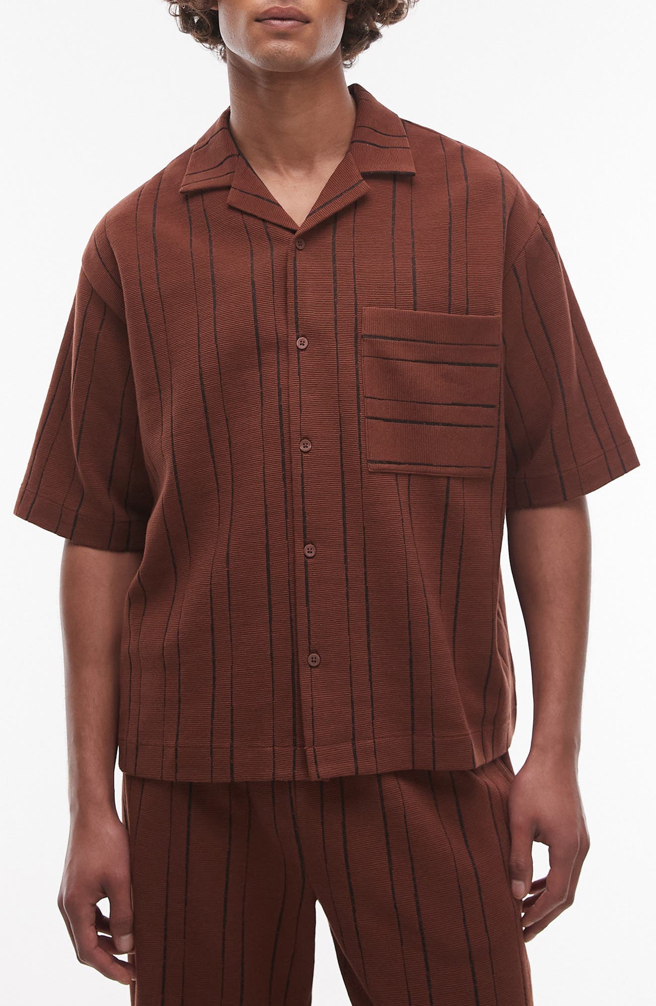 Oversize Stripe Textured Cotton Blend Knit Camp Shirt - image 1