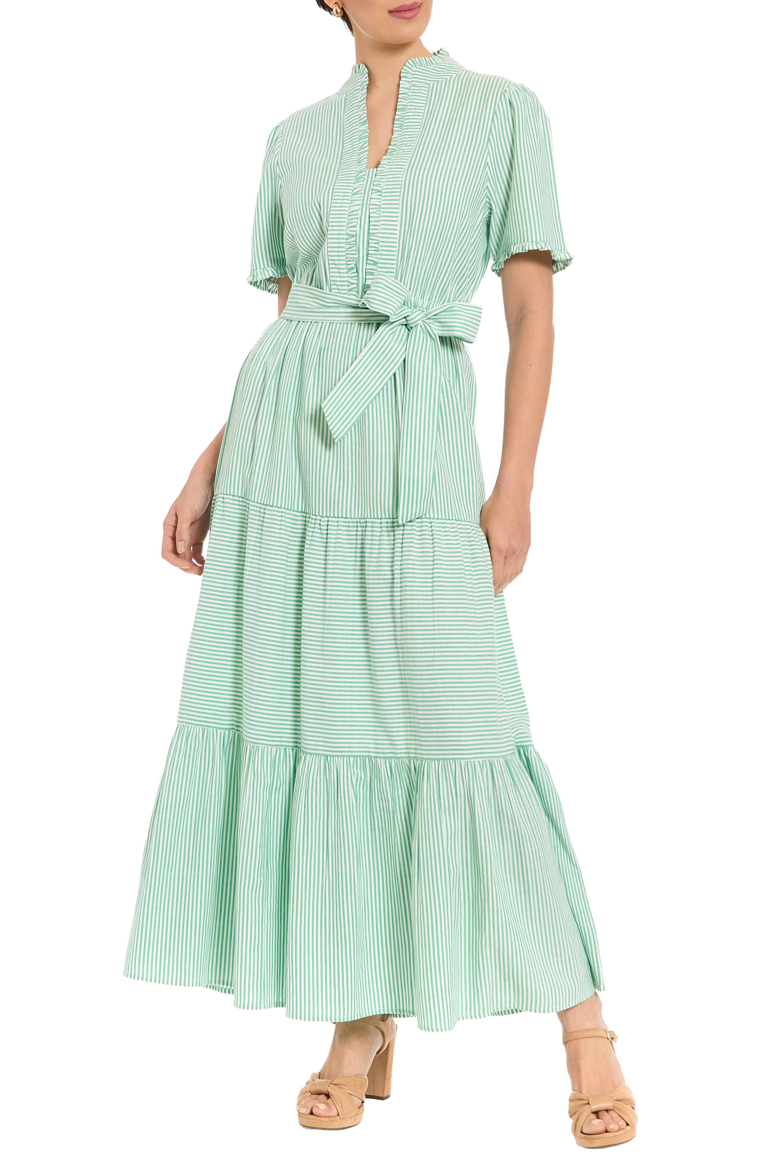 Stripe Short Sleeve Cotton Seersucker Maxi Dress - image 5