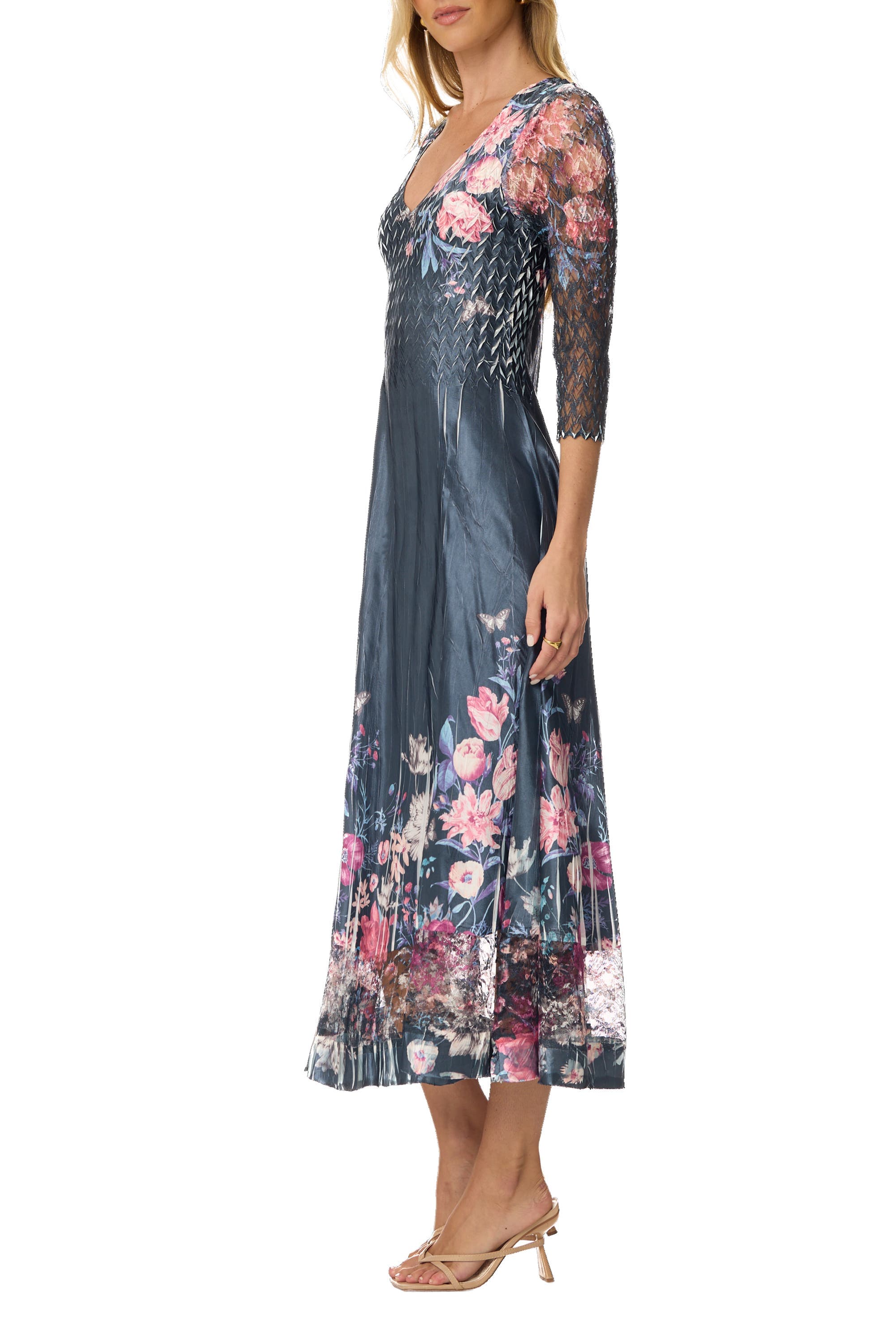 Floral Charmuese Dress with Lace Sleeves - image 2