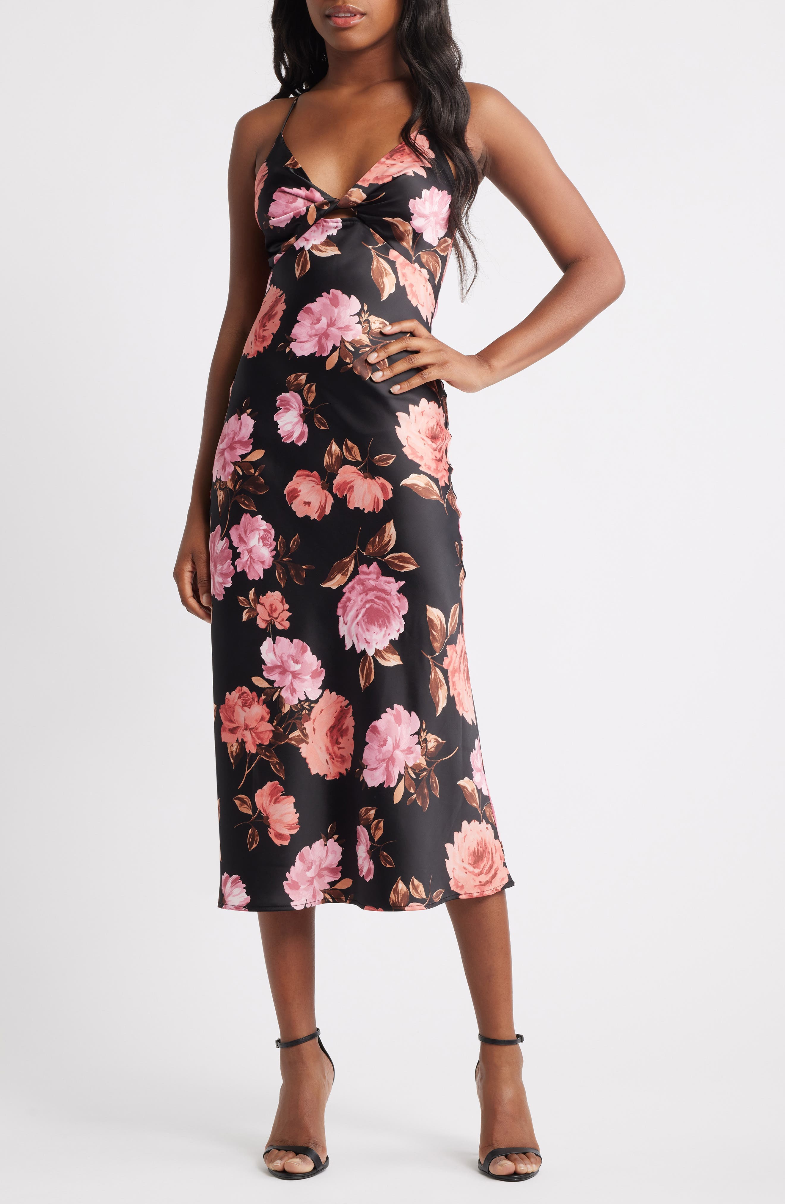 Floral Sprint Sleevless Satin Cocktail Dress - image 1