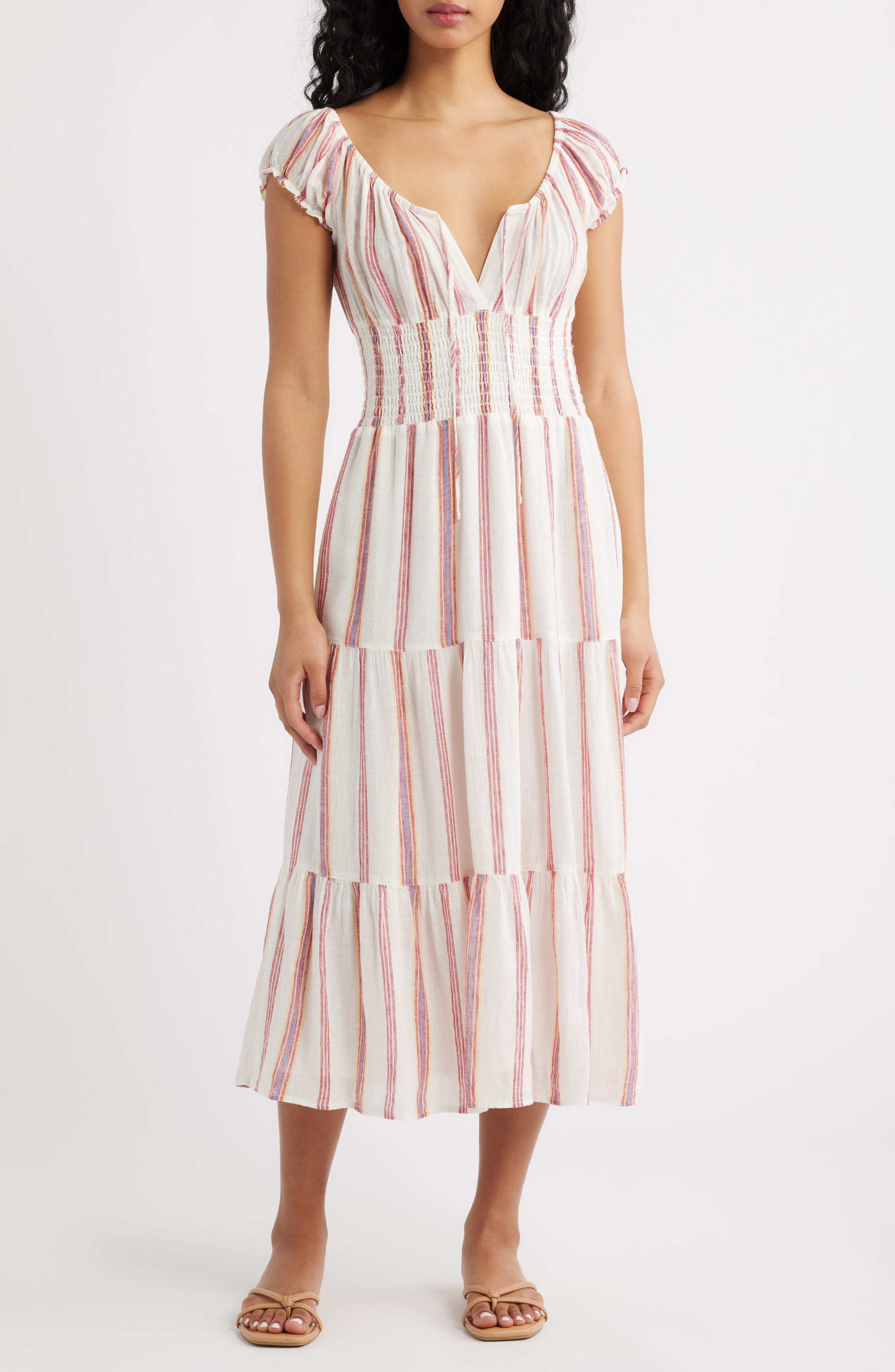 x Giadzy Daria Stripe Smocked Waist Linen Blend Dress - image 1