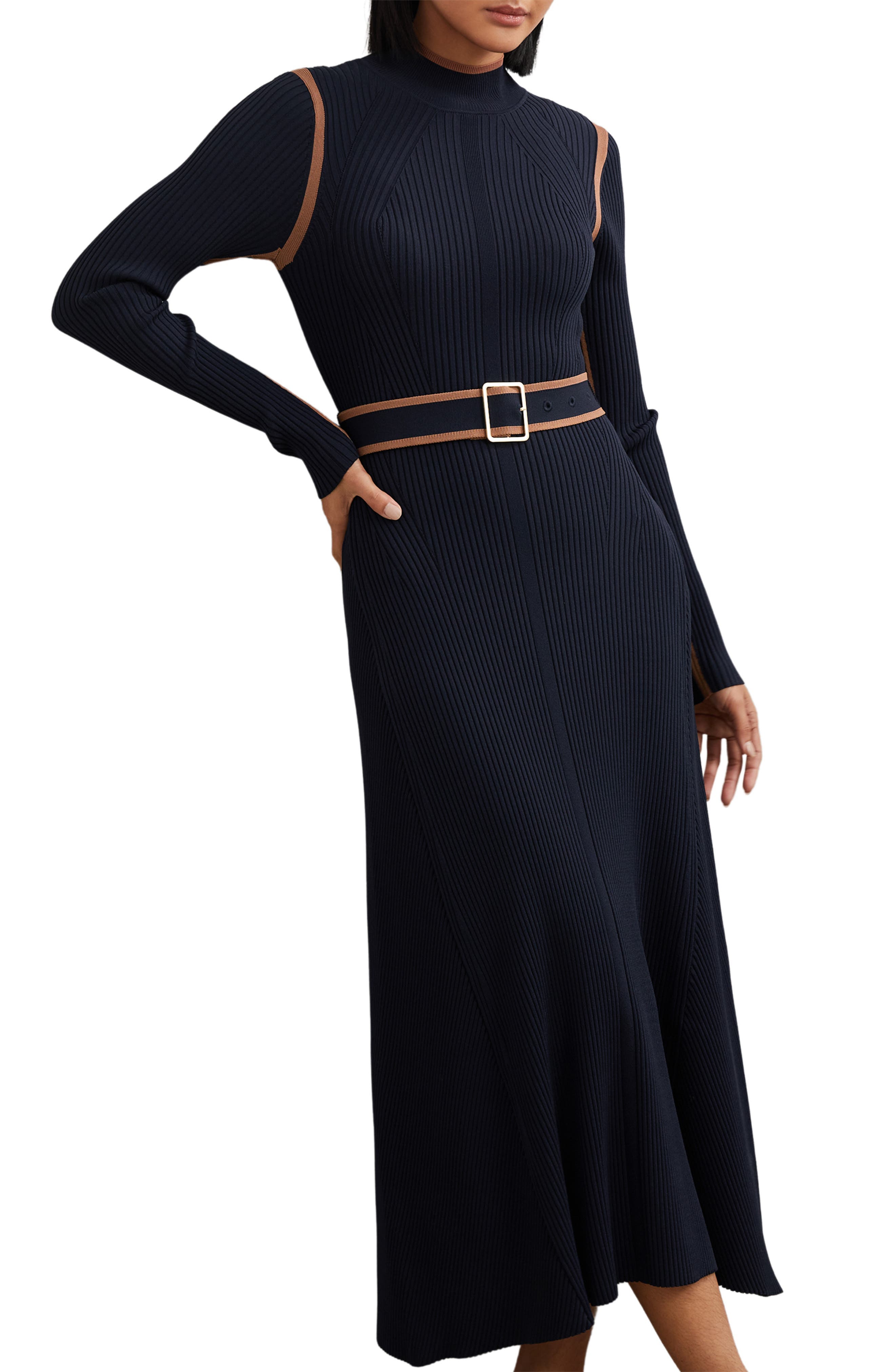 Ella Belted Long Sleeve Rib Wool & Cashmere Maxi Dress - image 1