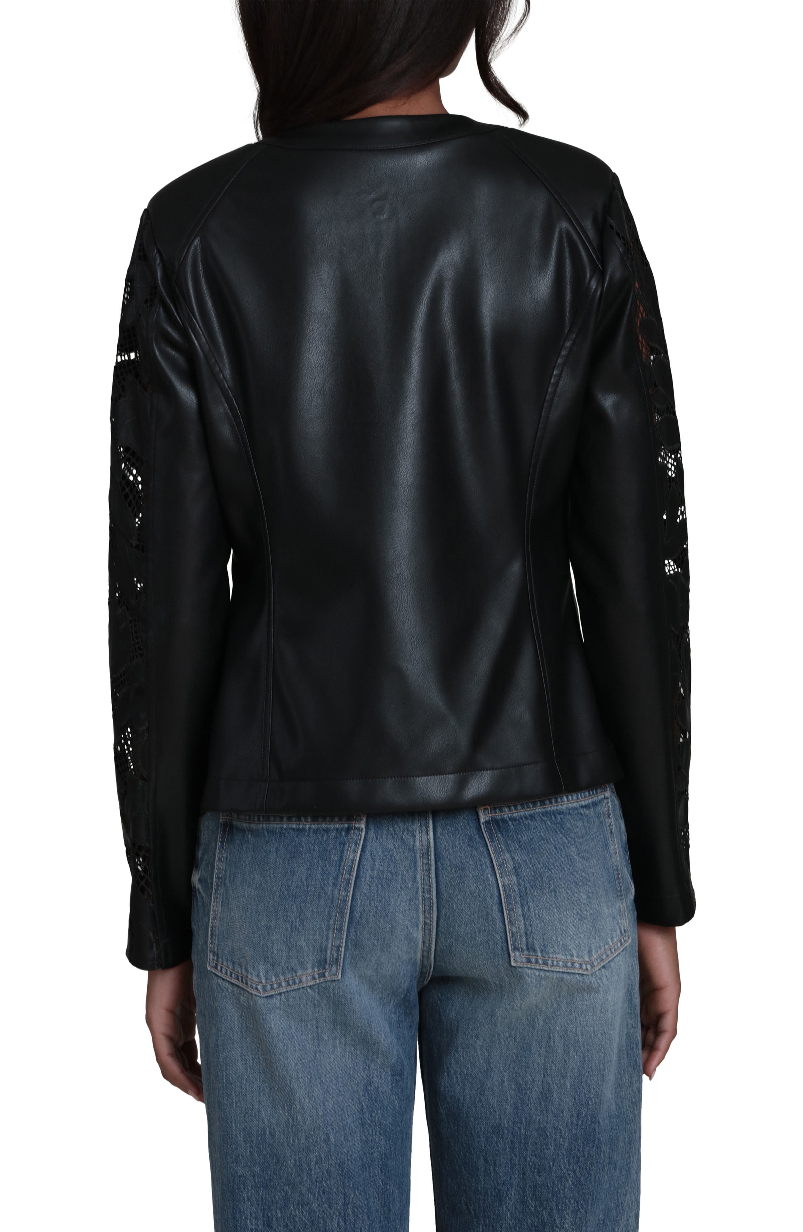 Embroidered Lace Faux Leather Moto Jacket - image 2