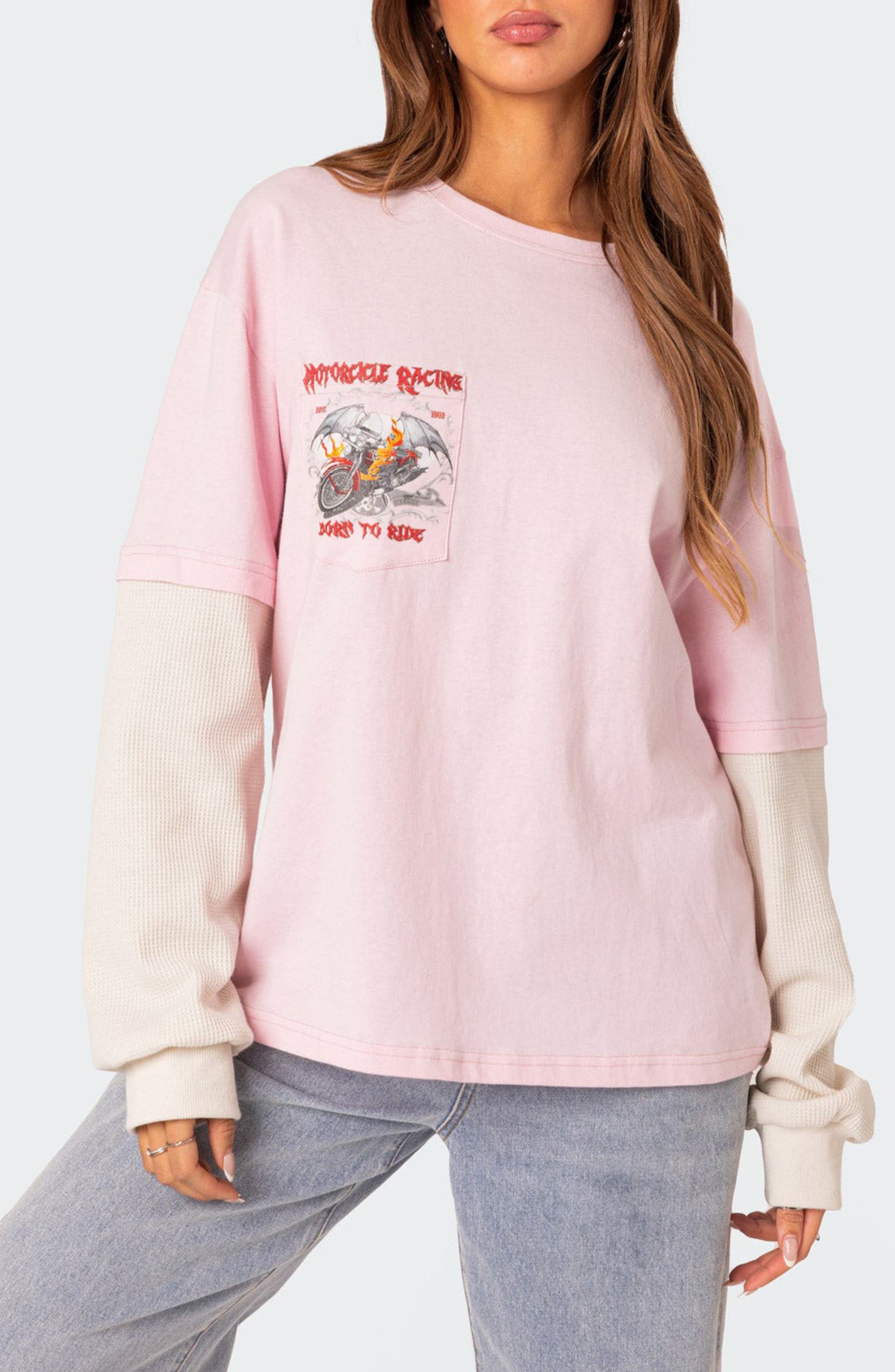 Racing Oversize Mixed Media Long Sleeve Cotton Graphic T-Shirt - image 1