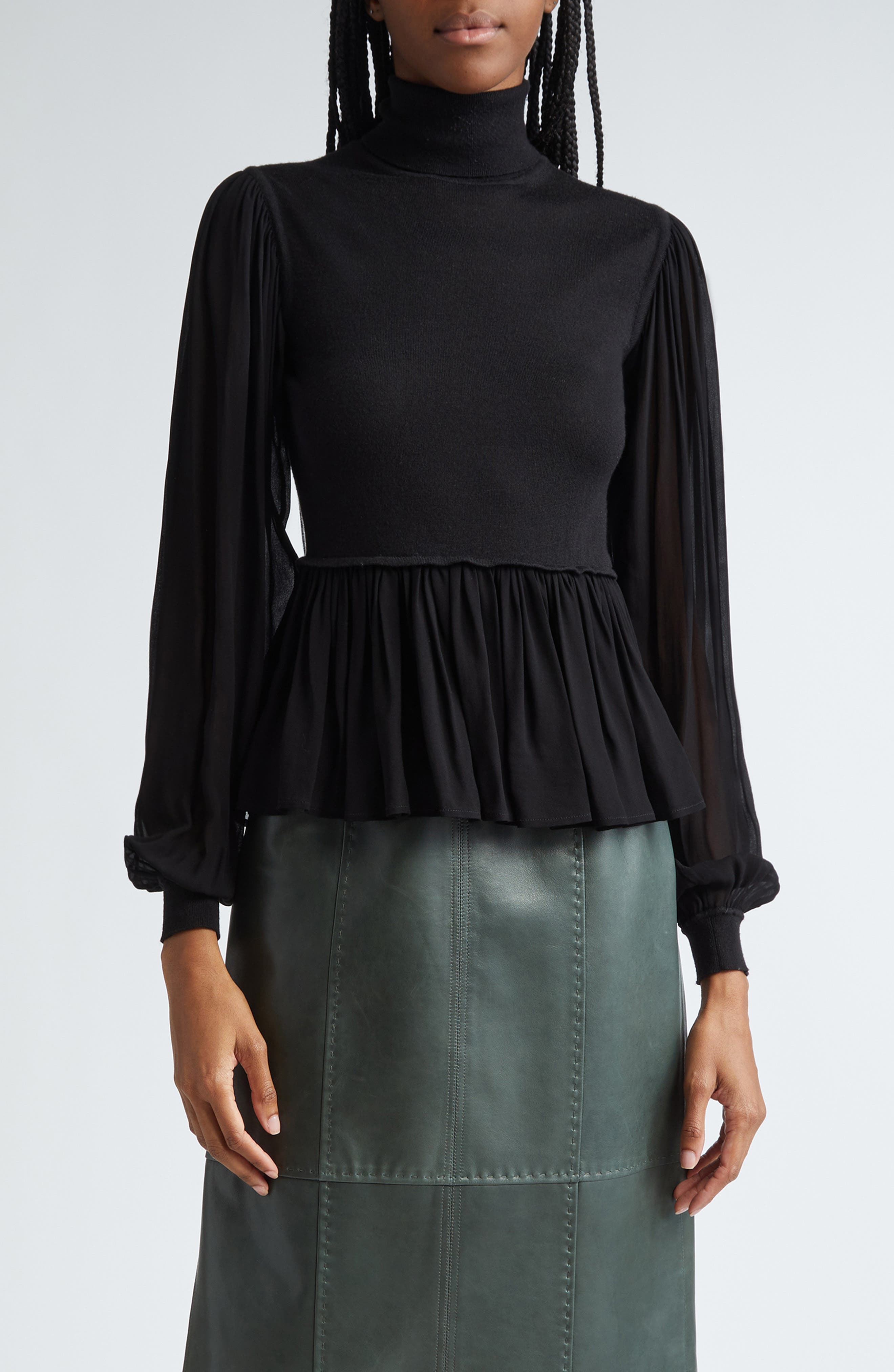 Liana Mix Media Balloon Sleeve Peplum Turtleneck - image 1