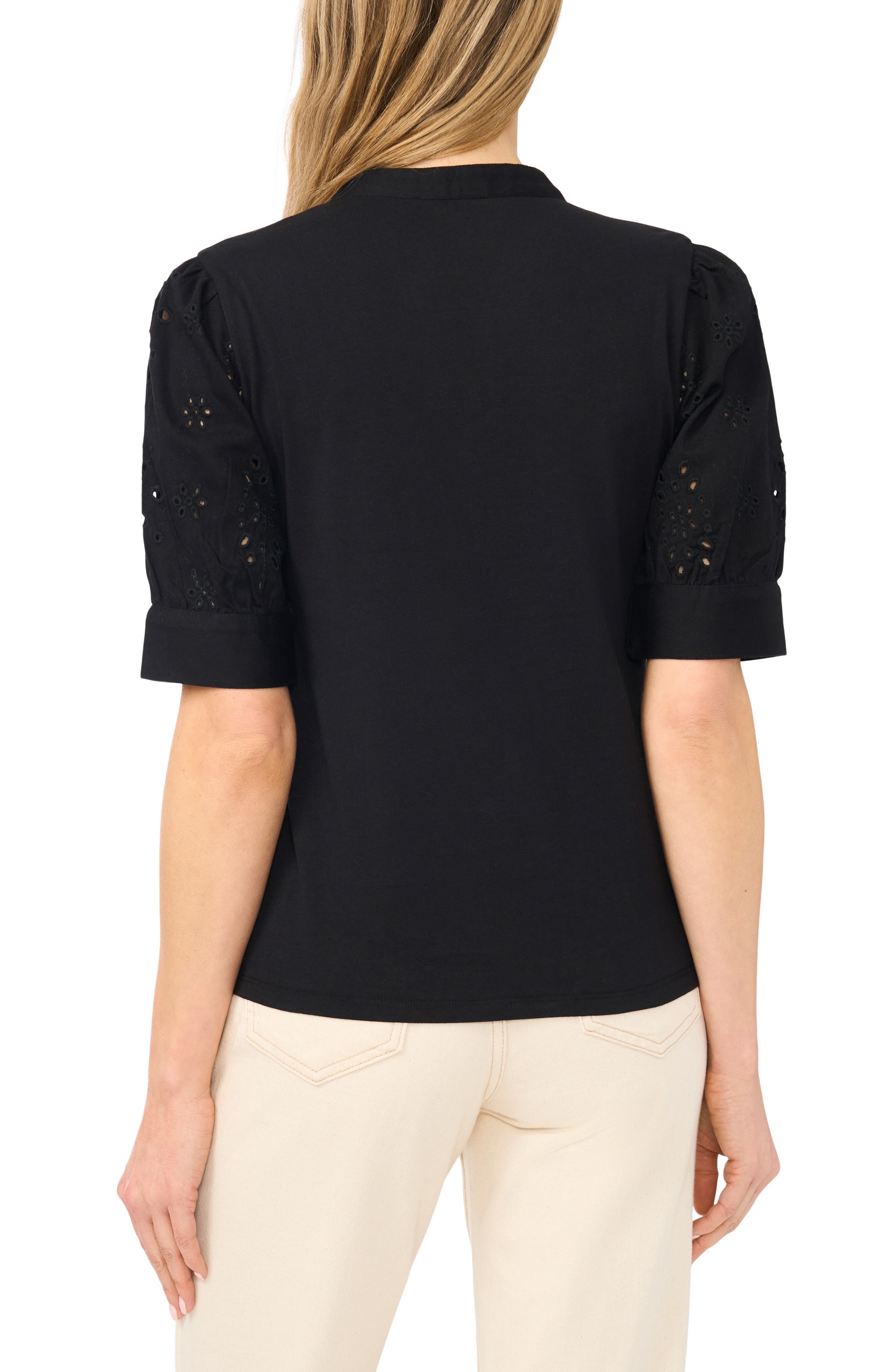 Puff Sleeve Mixed Media Cotton Top - image 2