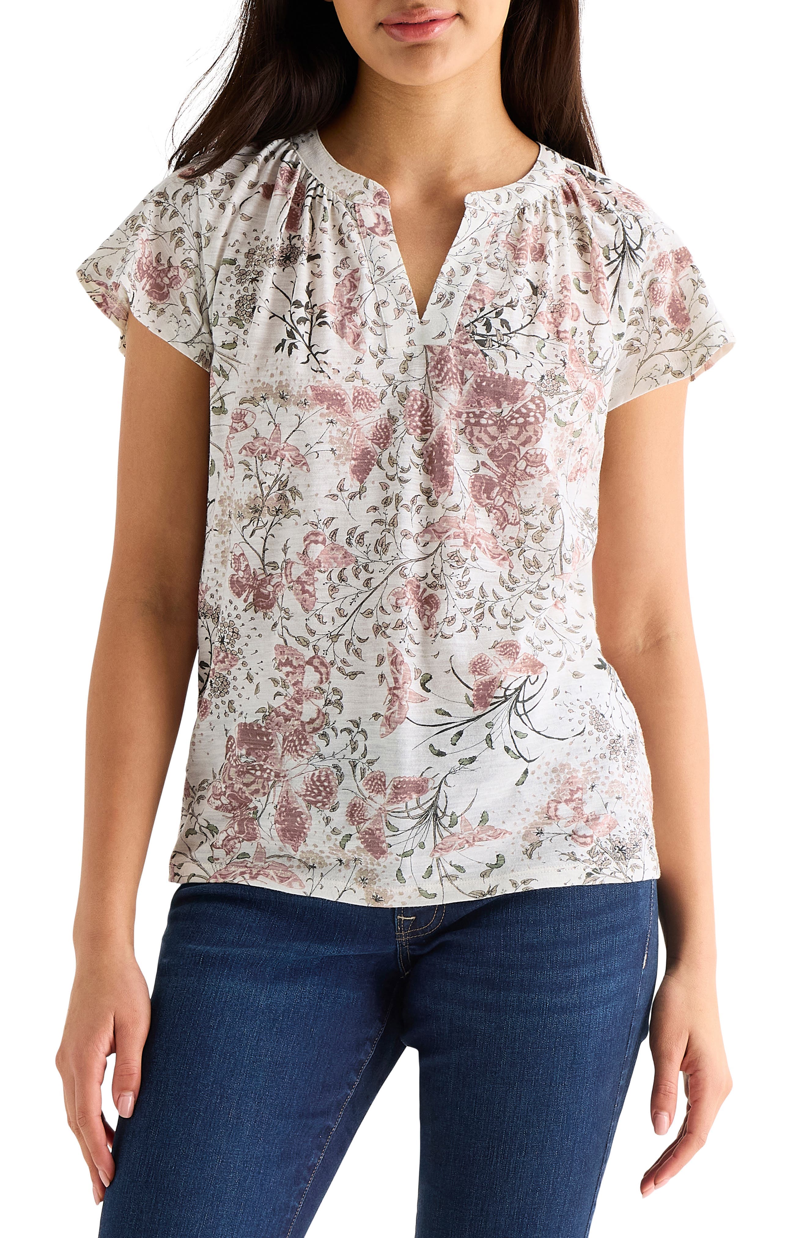Floral Split Neck Cotton Blend T-Shirt - image 1
