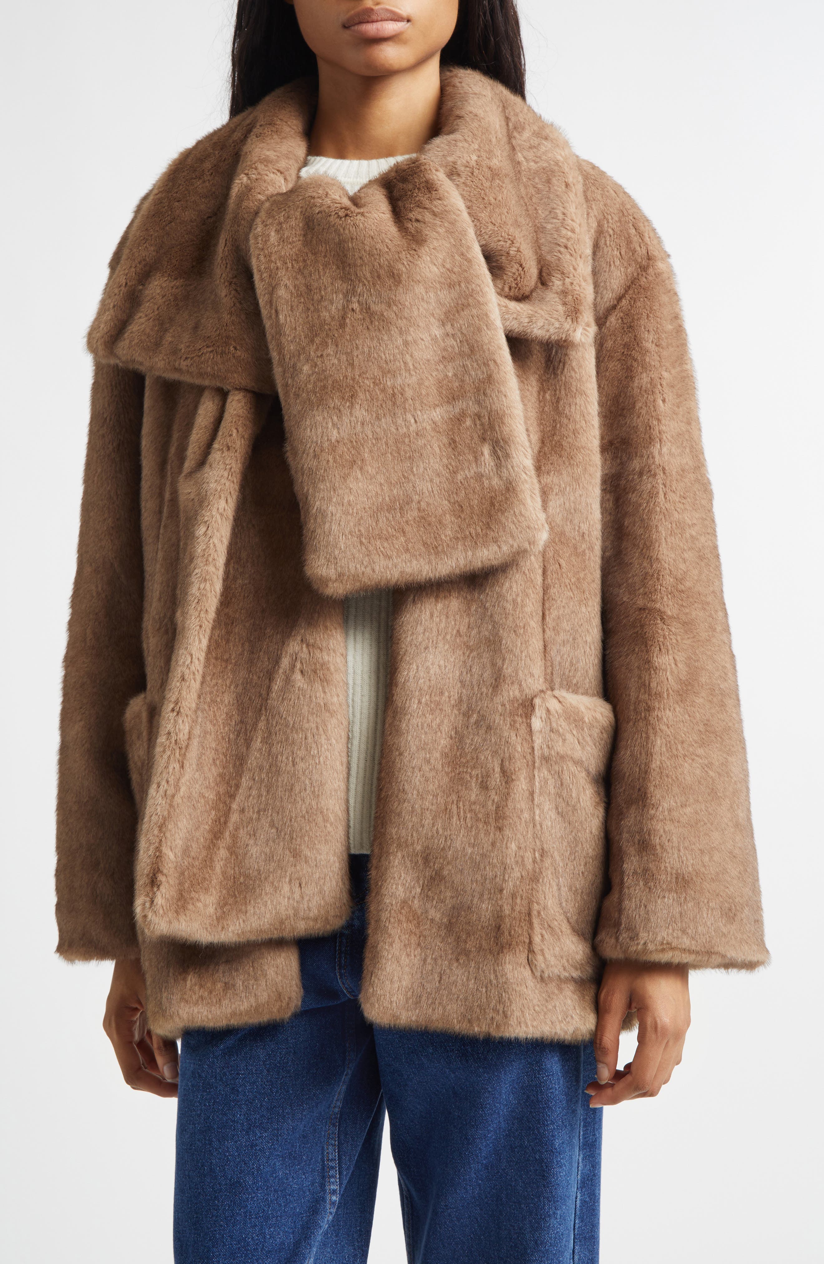 Shawl Collar Faux Fur Jacket with Scarf Detail - image 1