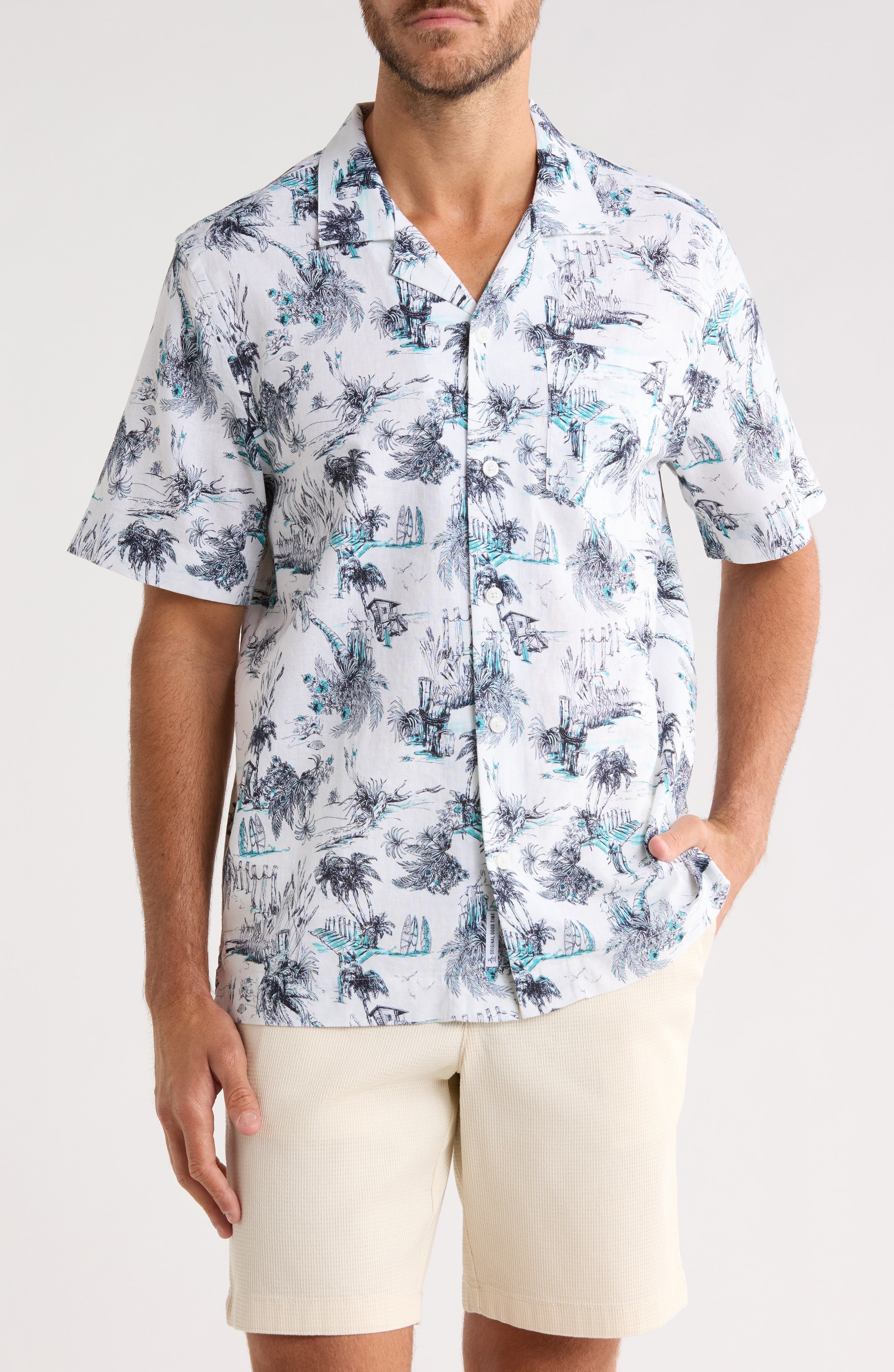 Beach Print Linen & Cotton Blend Camp Shirt - image 1