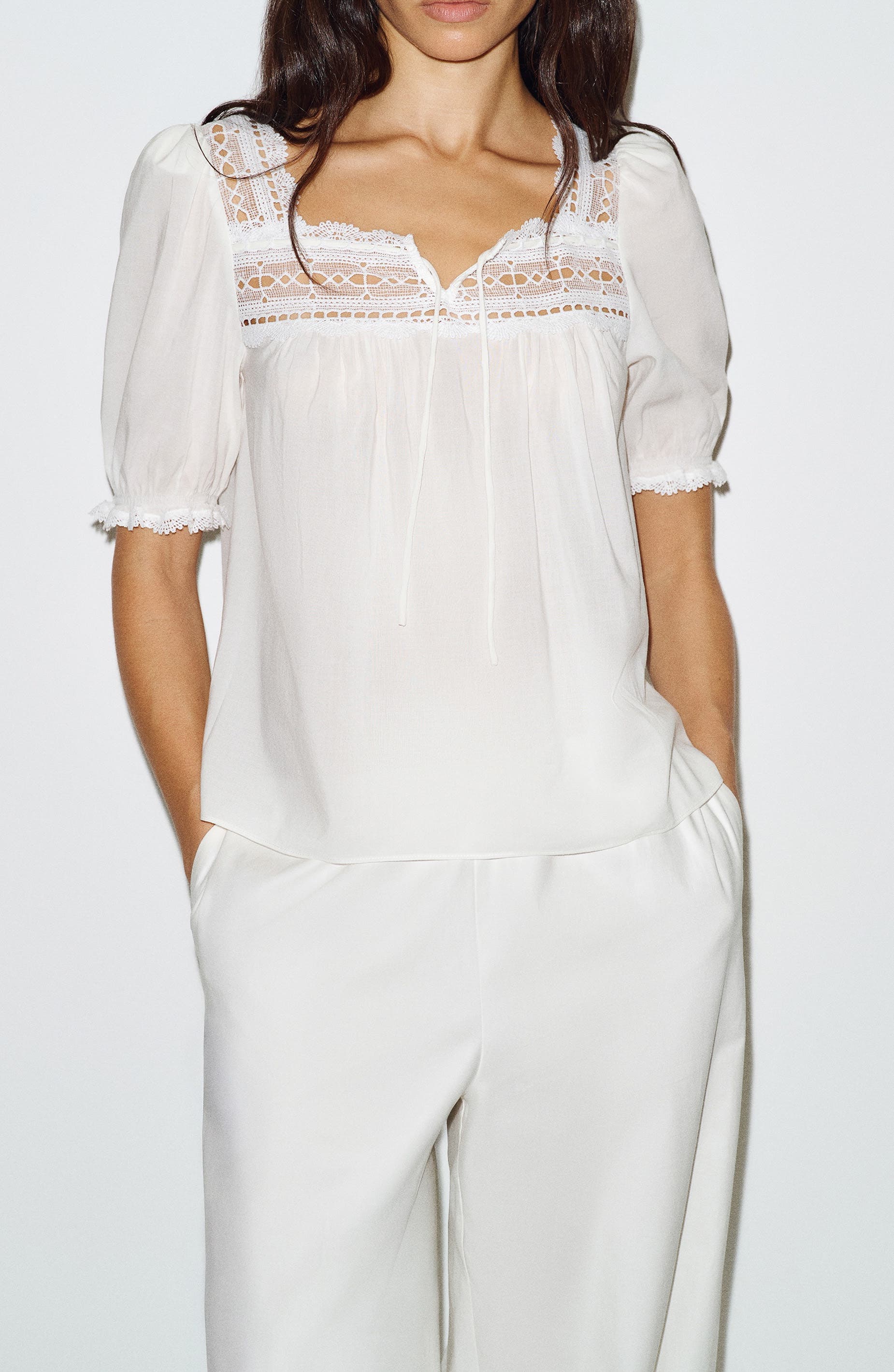 Wildflower Lace Trim Puff Sleeve Organic Cotton Blend Top - image 2