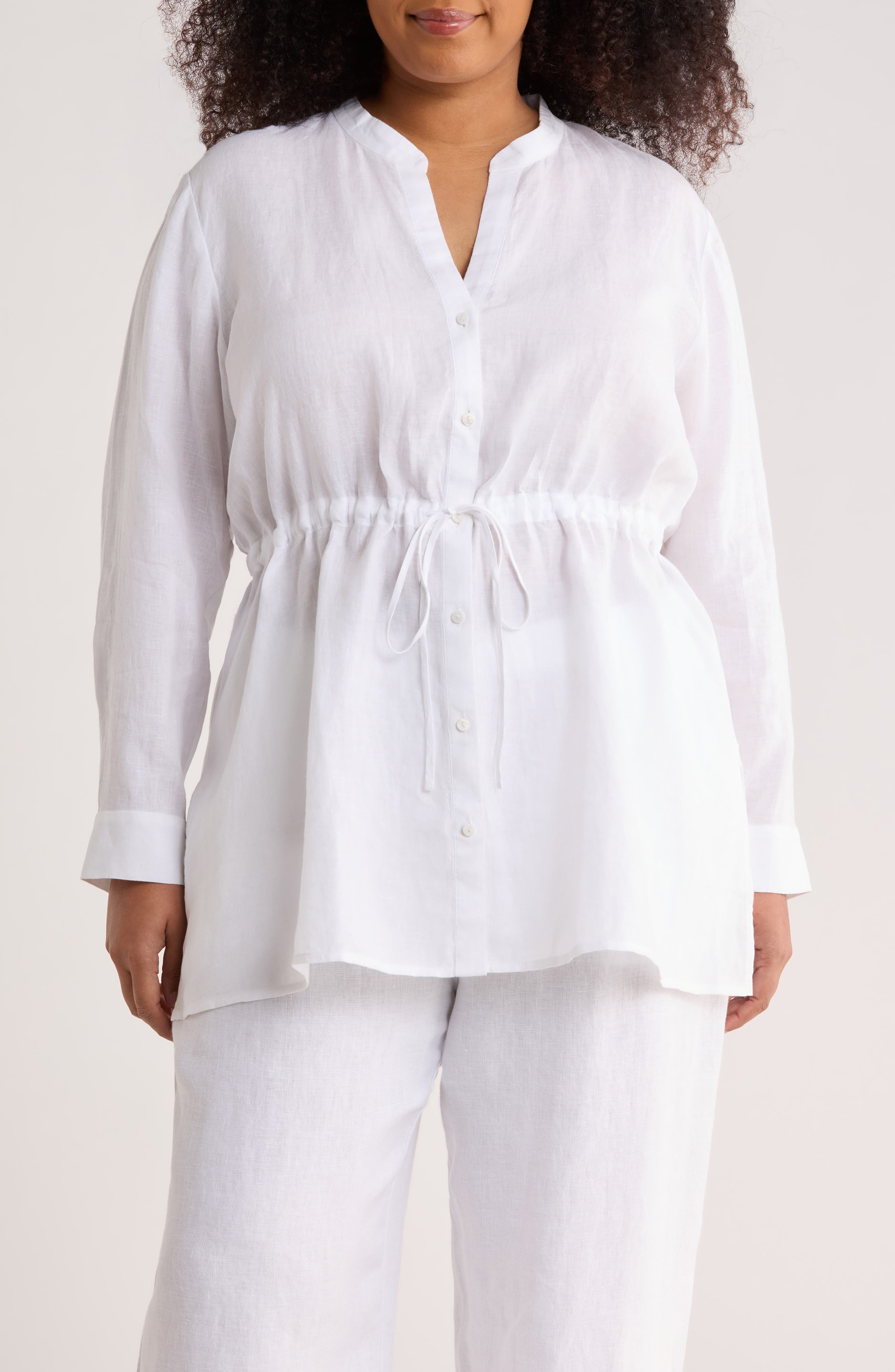 Split Neck Organic Linen Long Drawstring Shirt - image 1
