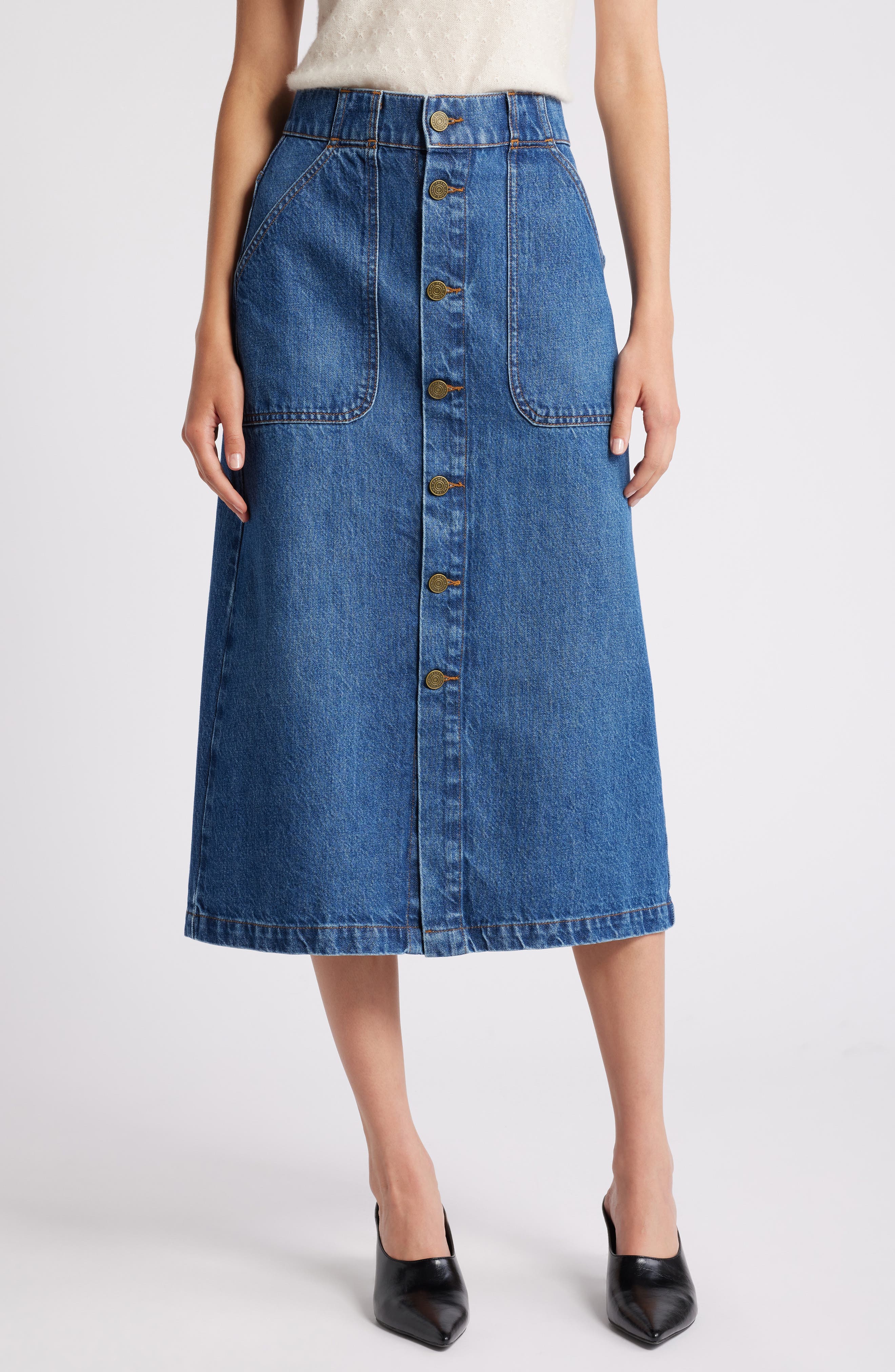 Modern Pocket Button Front Midi Denim Skirt - image 1