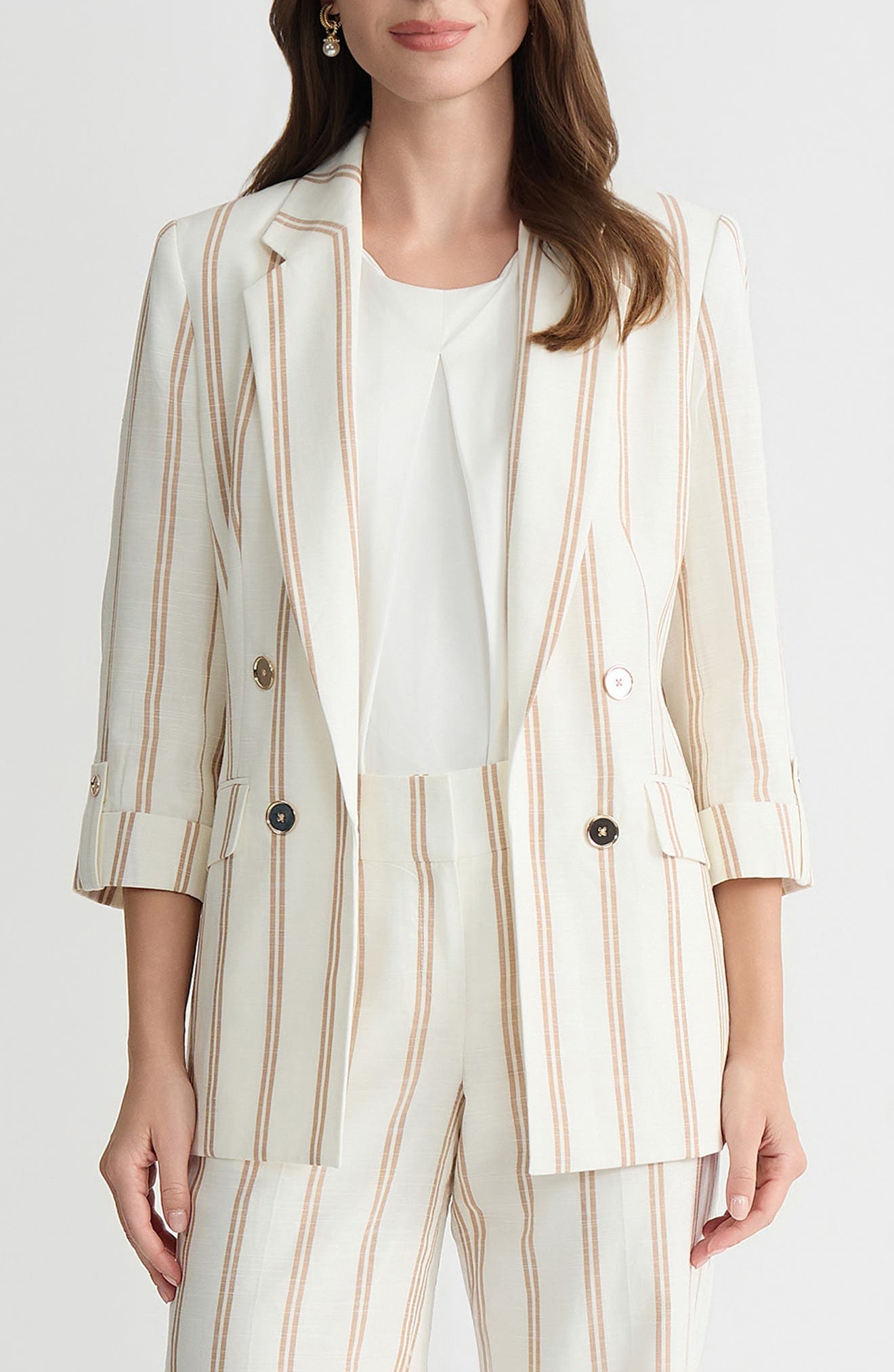 Stripe Roll Sleeve Open Front Blazer - image 1