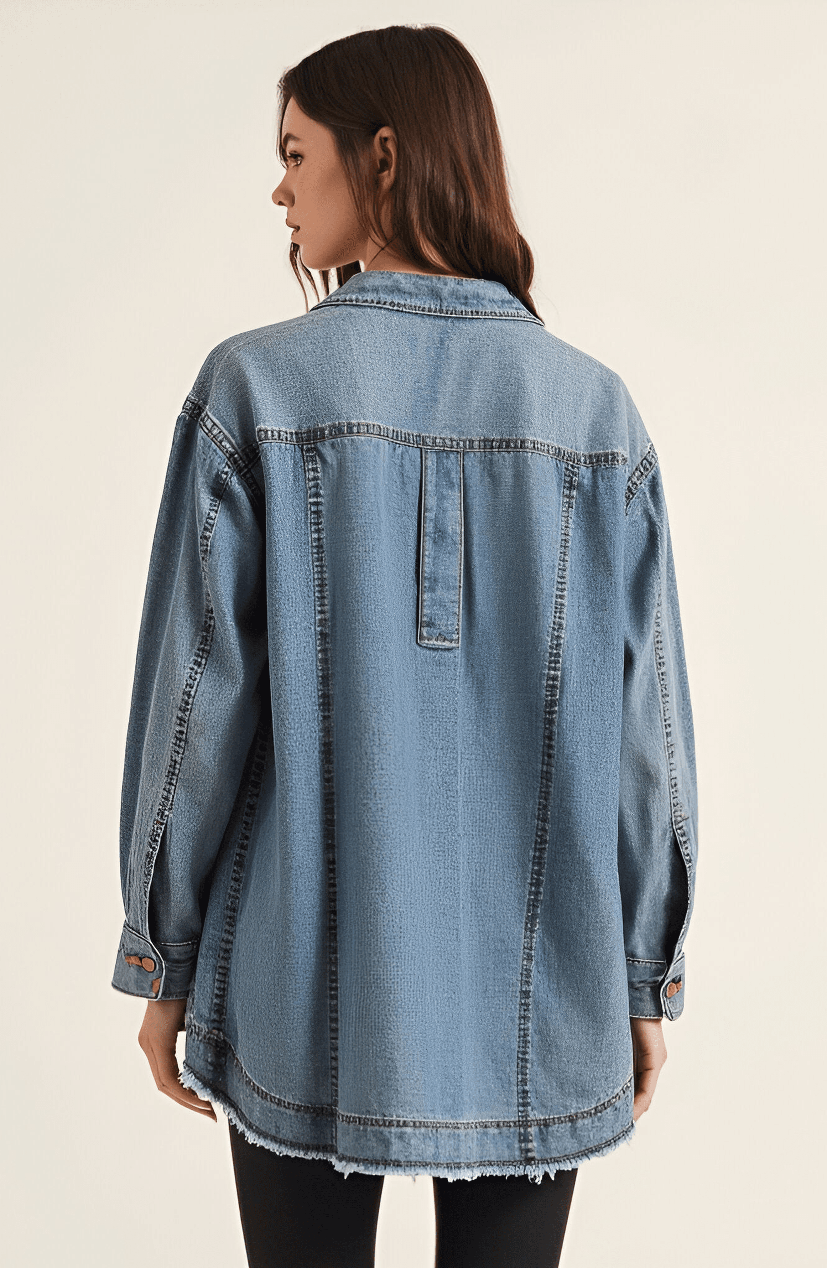 Woven Denim Blouse with V-Neck Placket and Patch Pockets - image 2
