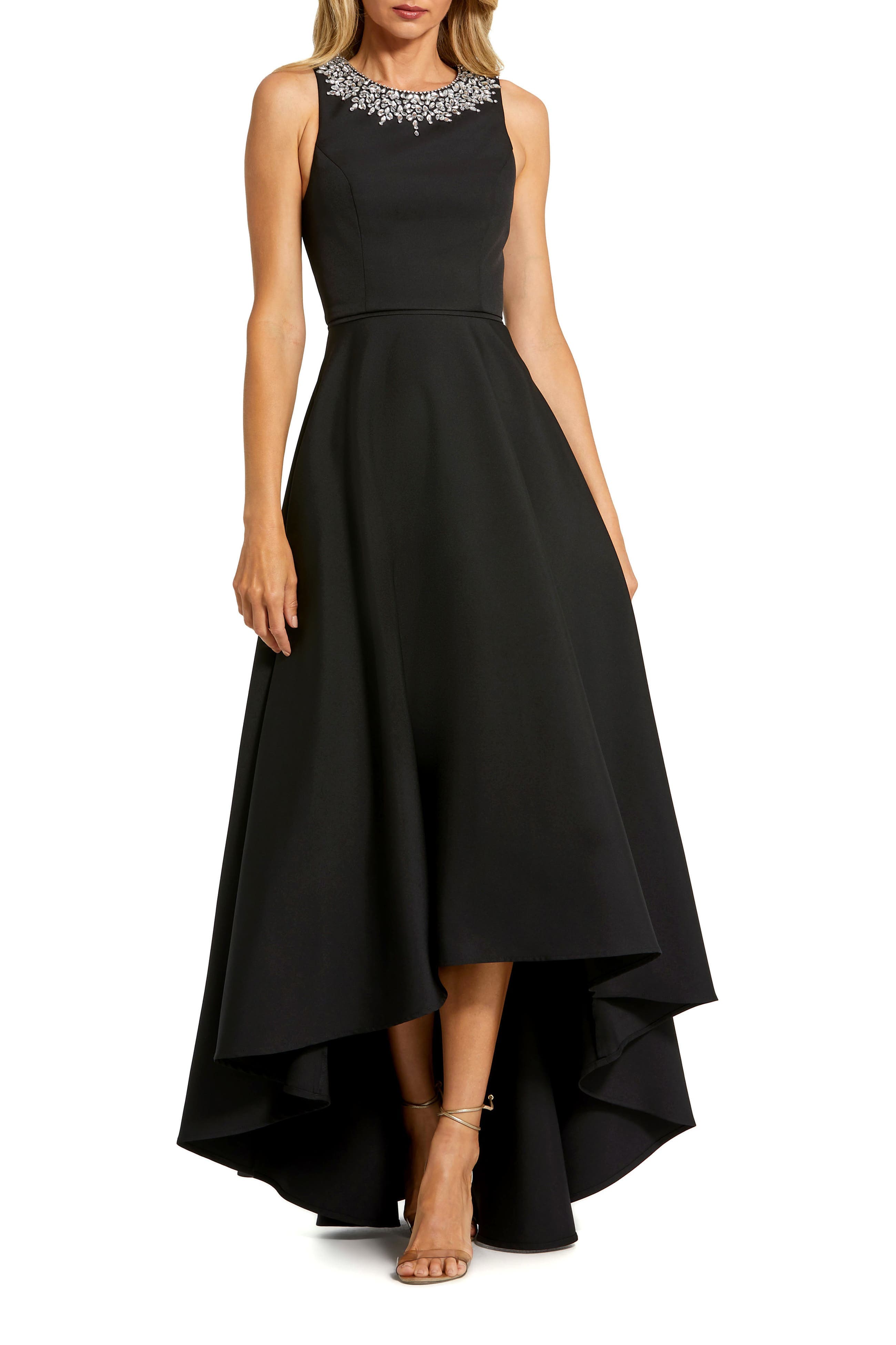 Petite Crepe Embellished Neck High Low Gown - image 1