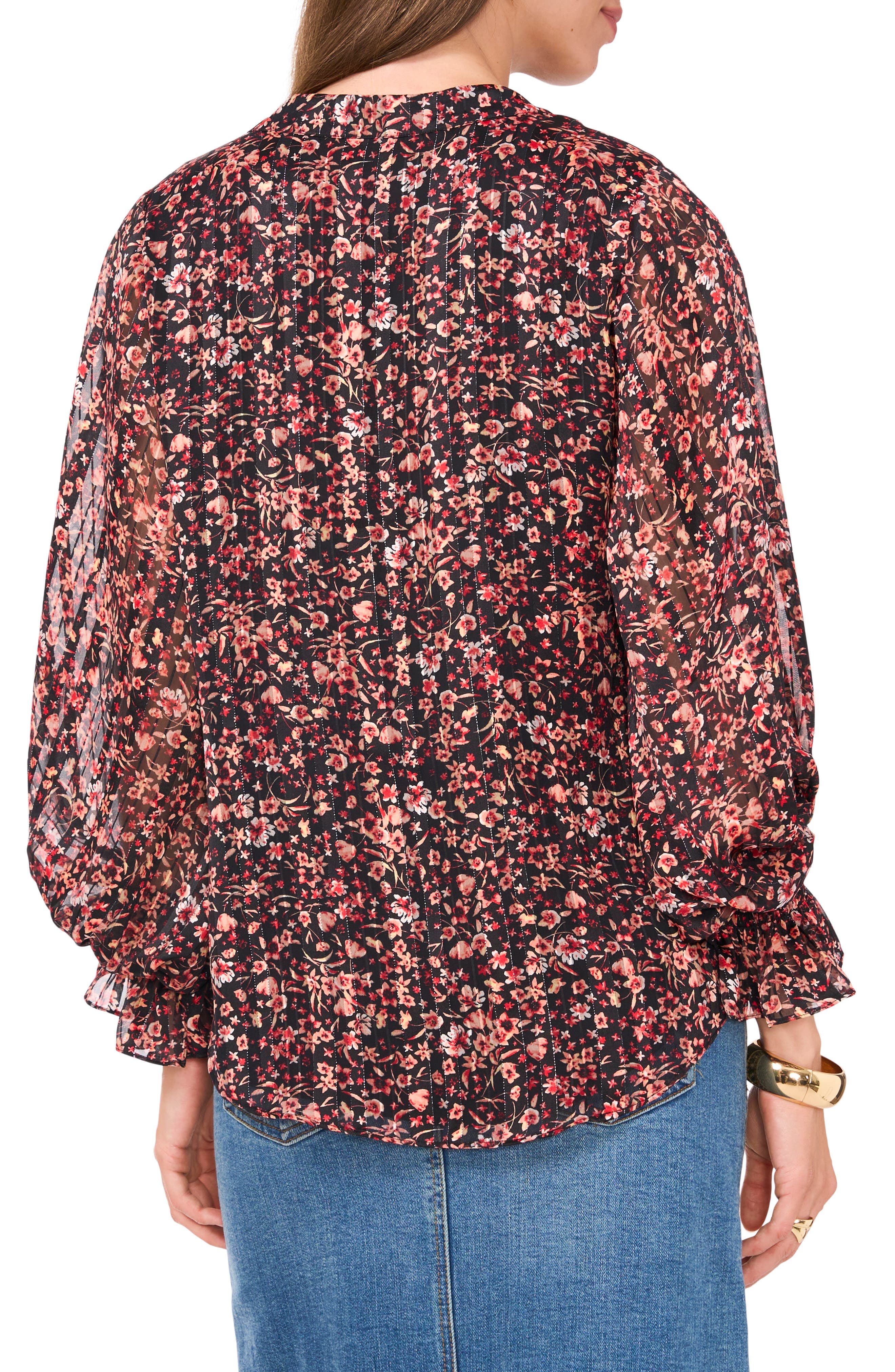 Floral Metallic Split Neck Top - image 2