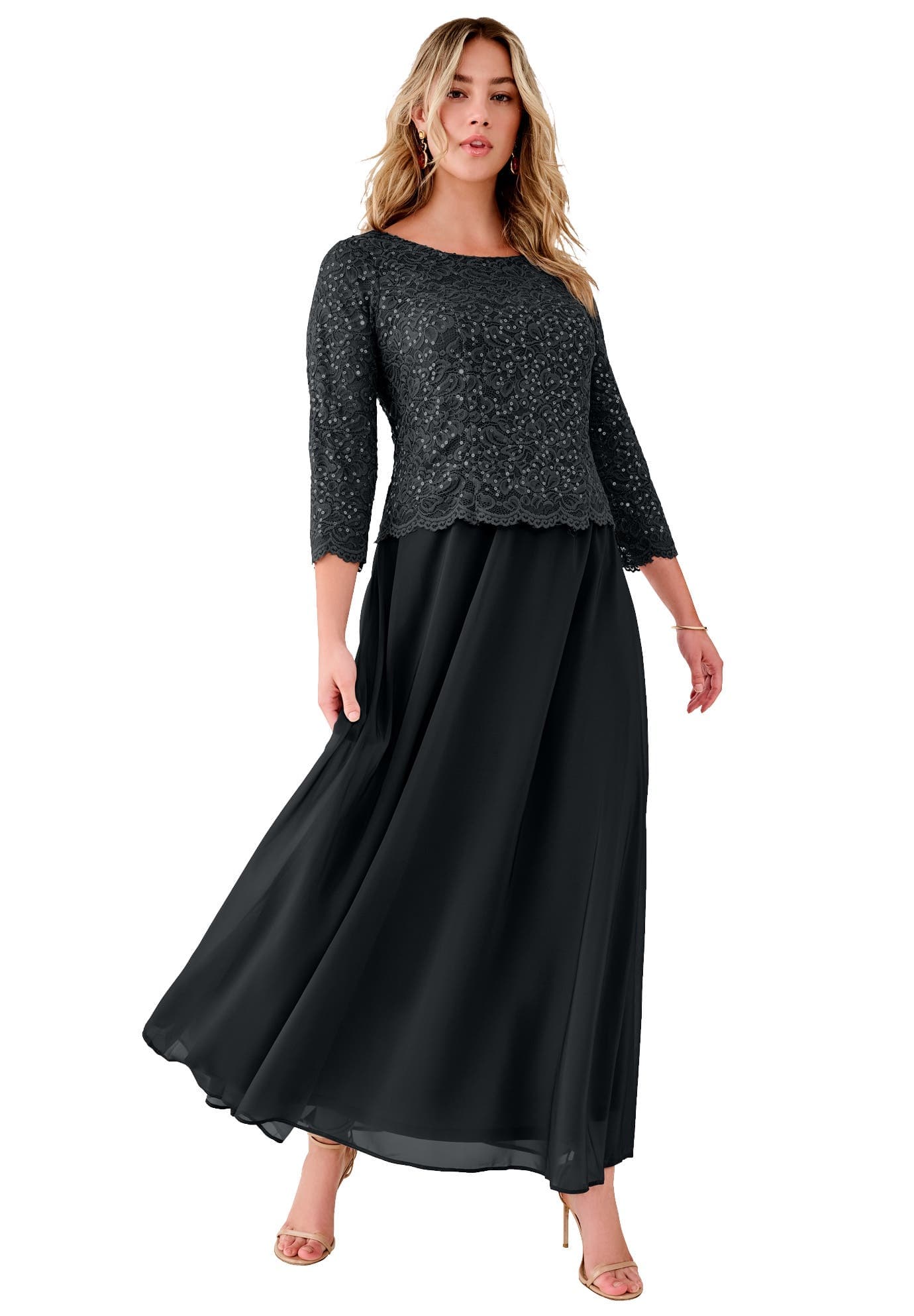 Plus Size Sequin Lace Three Quarter Sleeve A-Line Gown - image 1