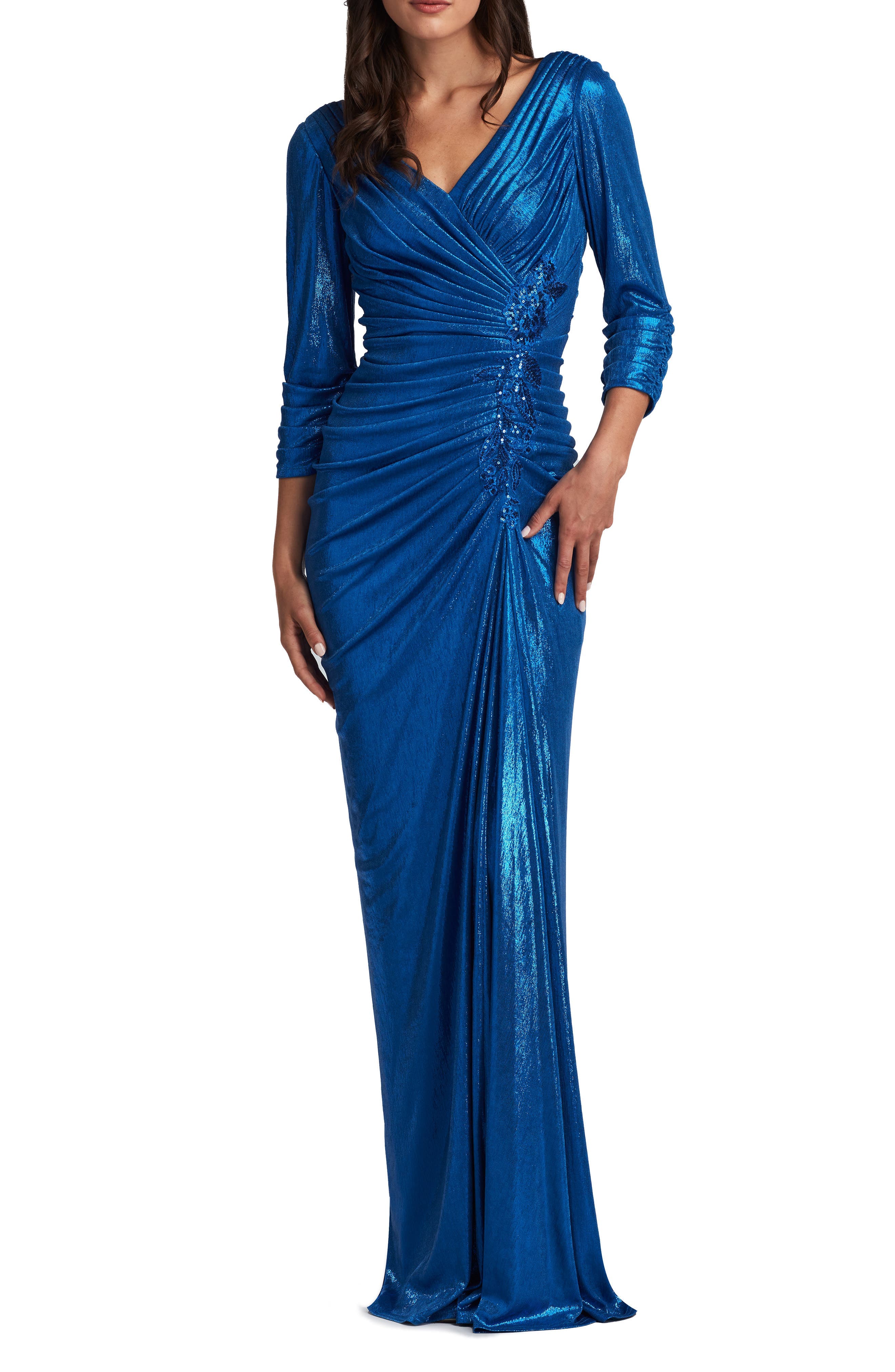 Ruched Metallic Three-Quarter Sleeve Gown - image 1