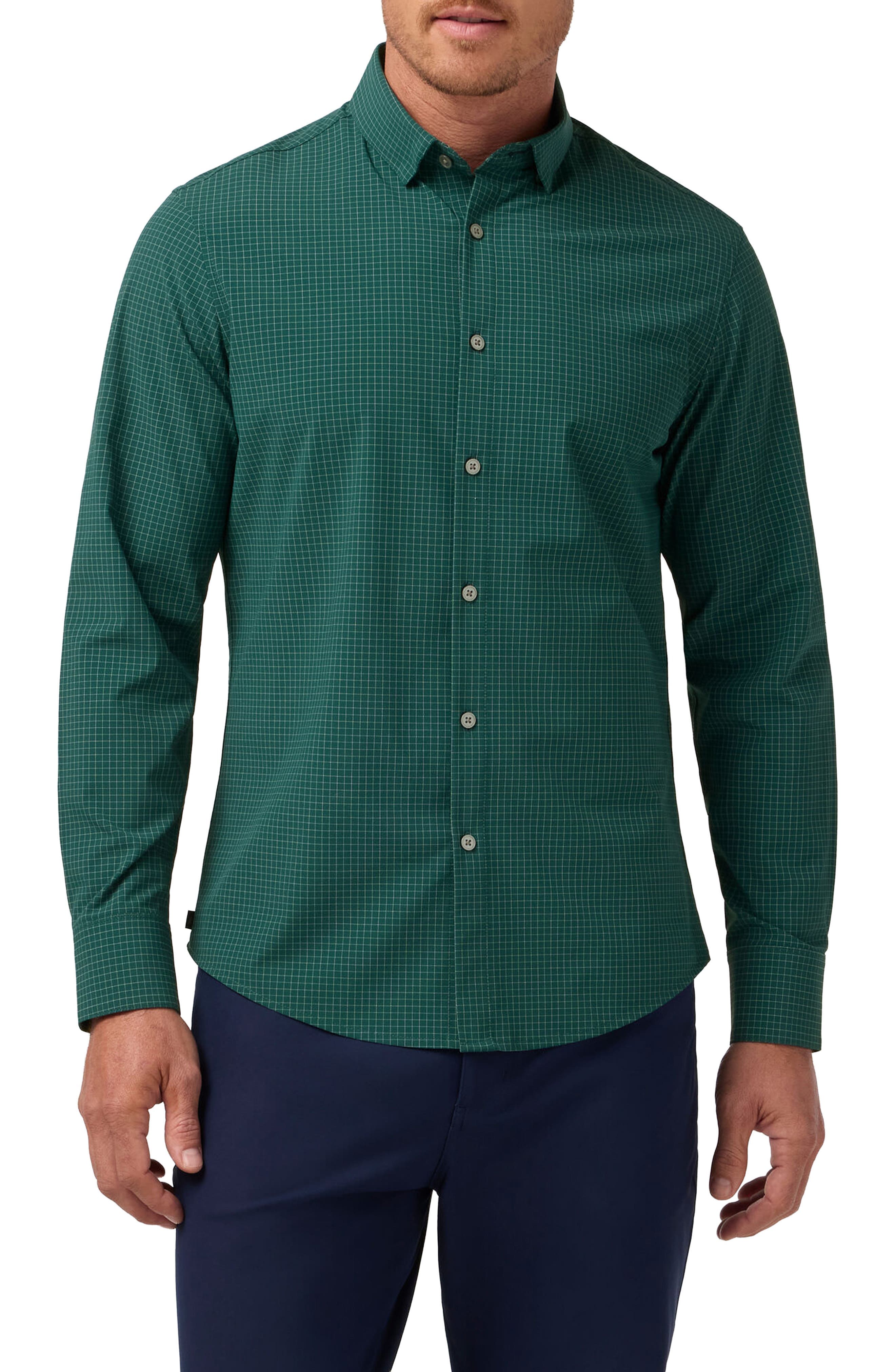 Leeward Trim Fit Dark Green Check No Tuck Stretch Button-Up Shirt - image 1