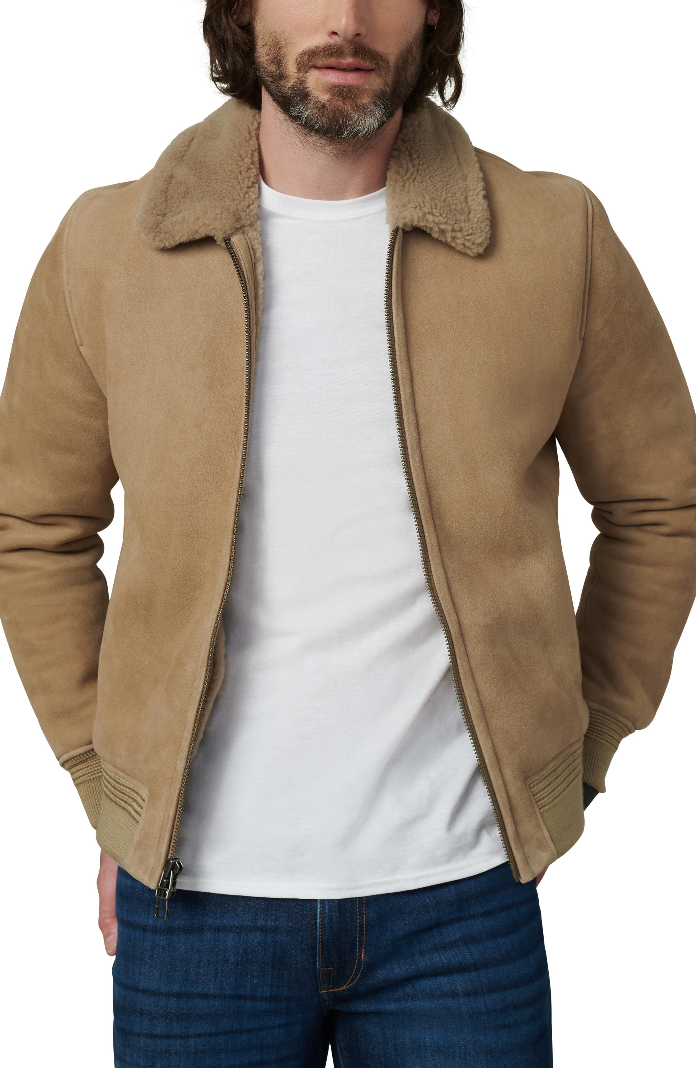 Genuine Shearling Trim Suede Flight Jacket - image 1