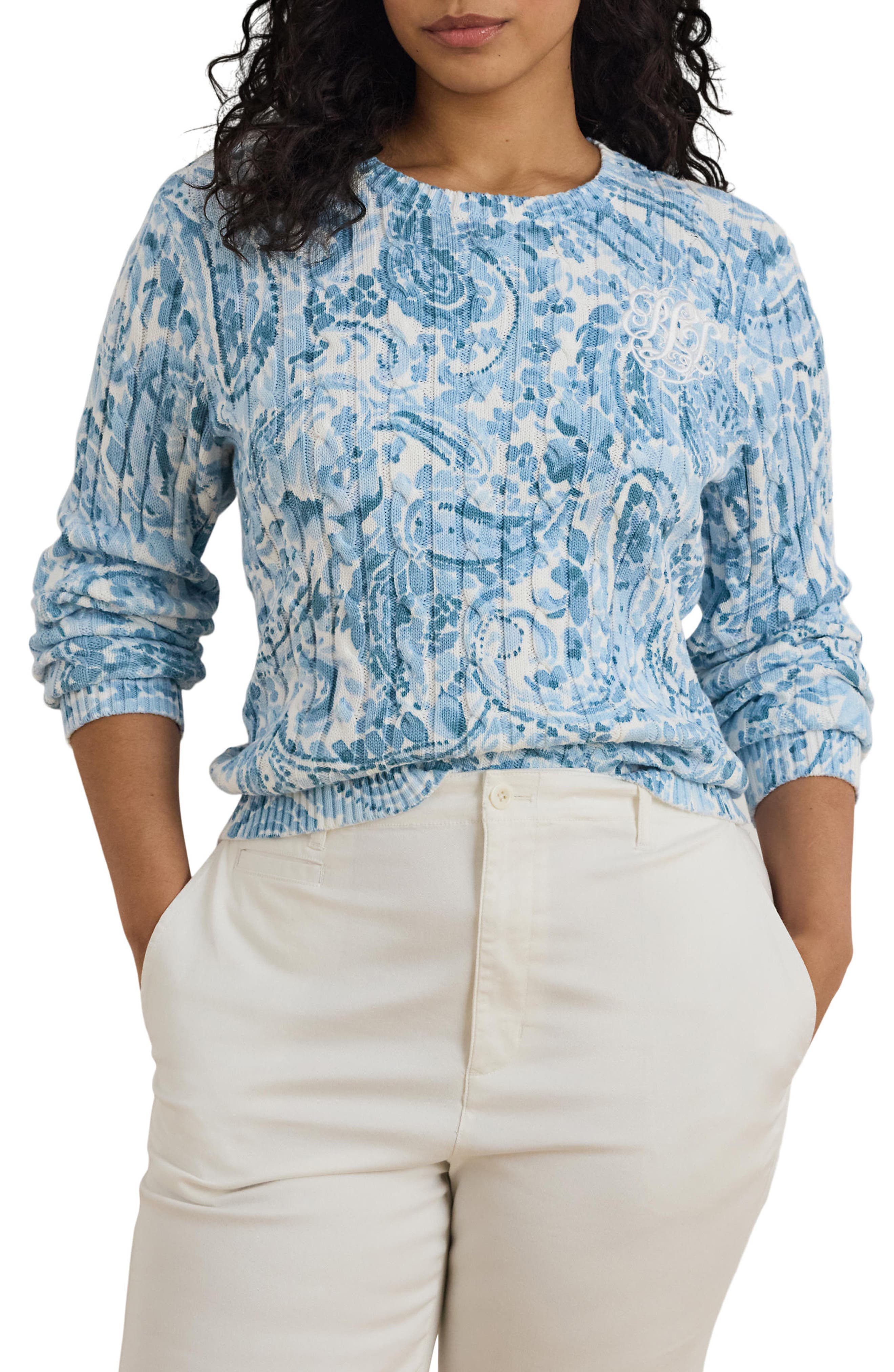 Paisley Cable Stitch Cotton Crewneck Sweater - image 1