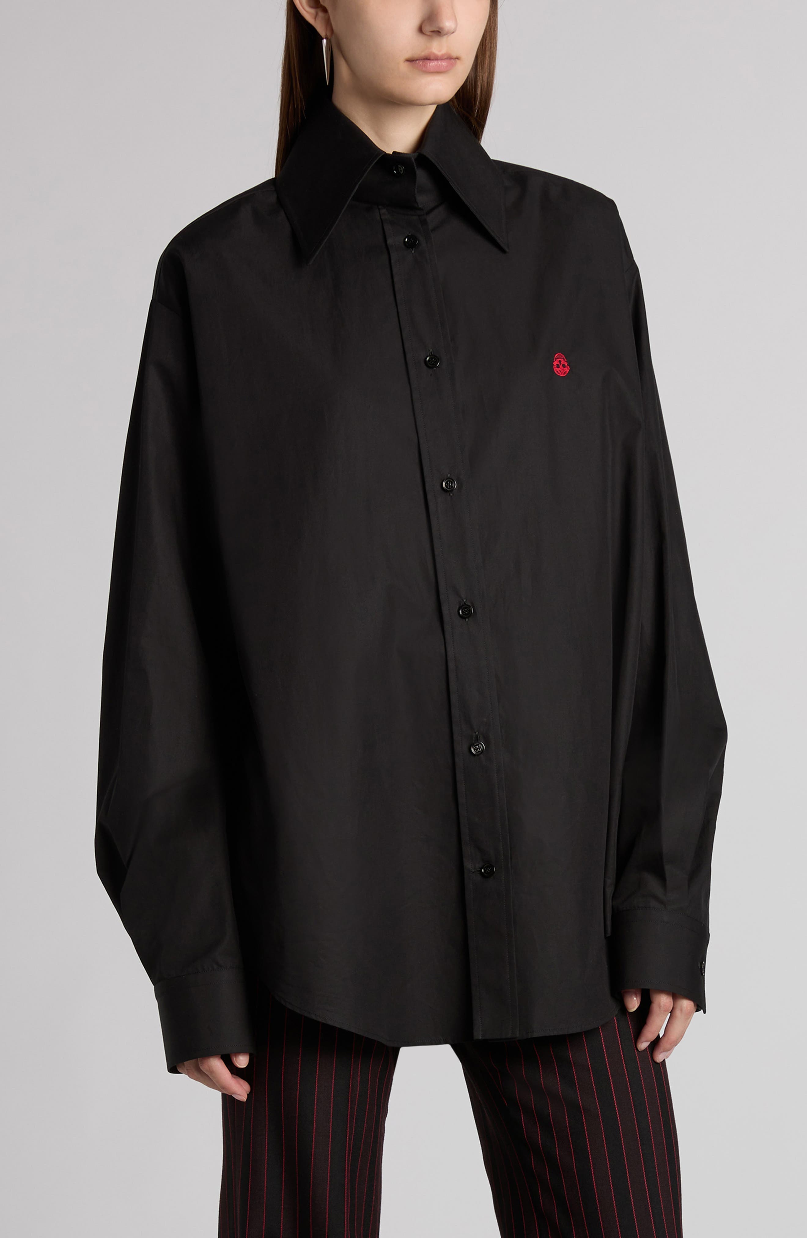 Skull Embroidered Cotton Poplin Button-Up Shirt - image 1
