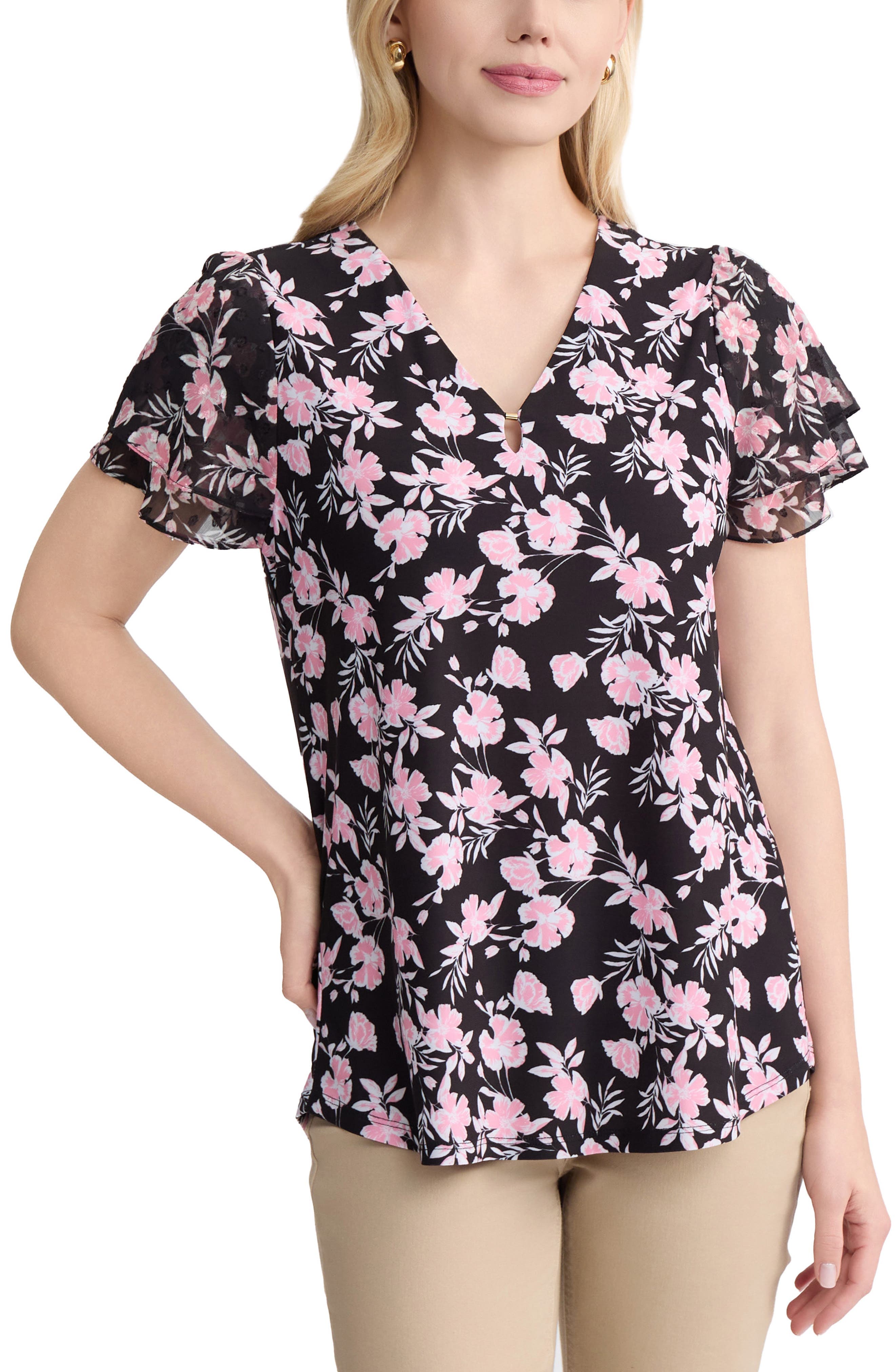 Mixed Media Flutter Sleeve Top - image 1