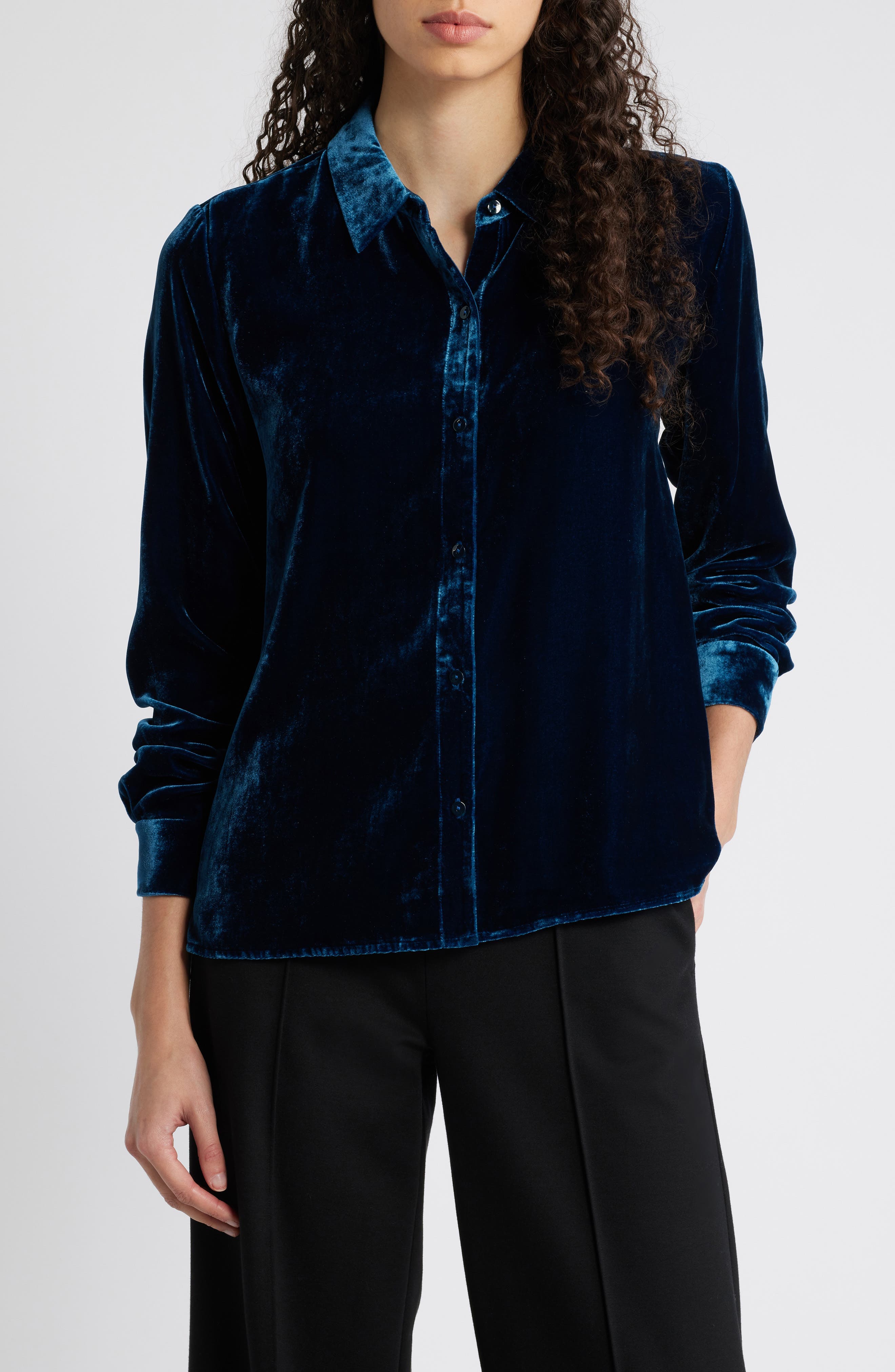Classic Collar Easy Velvet Button-Up Shirt - image 3